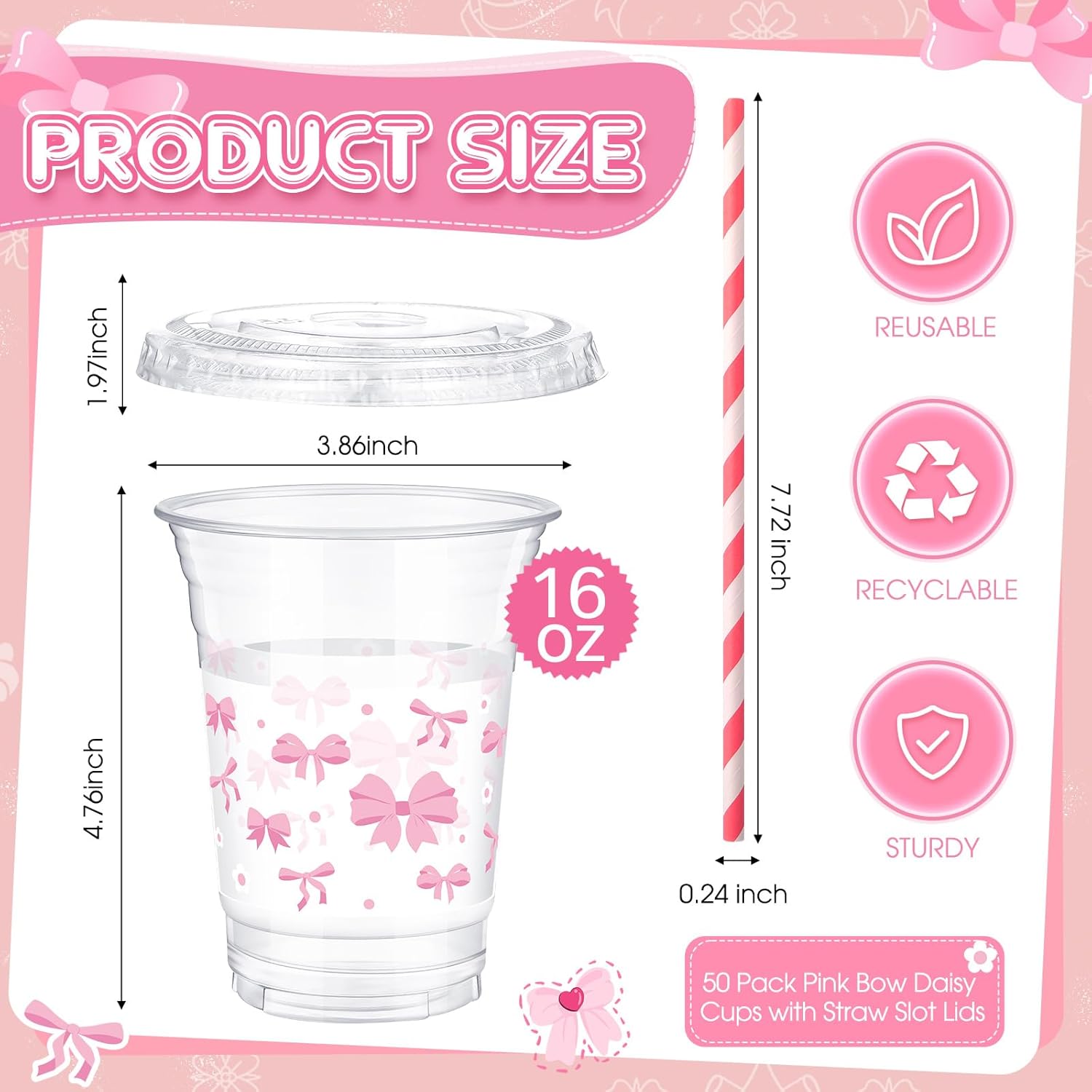 meekoo 50 Sets Coquette Pink Bow Cup with Flat Lids and Straws 12 oz Pink Bow Daisy Plastic Clear Drink Disposable Cups with Lids for Themed Parties Bridal Shower Birthday Wedding Party Supplies - Image 3