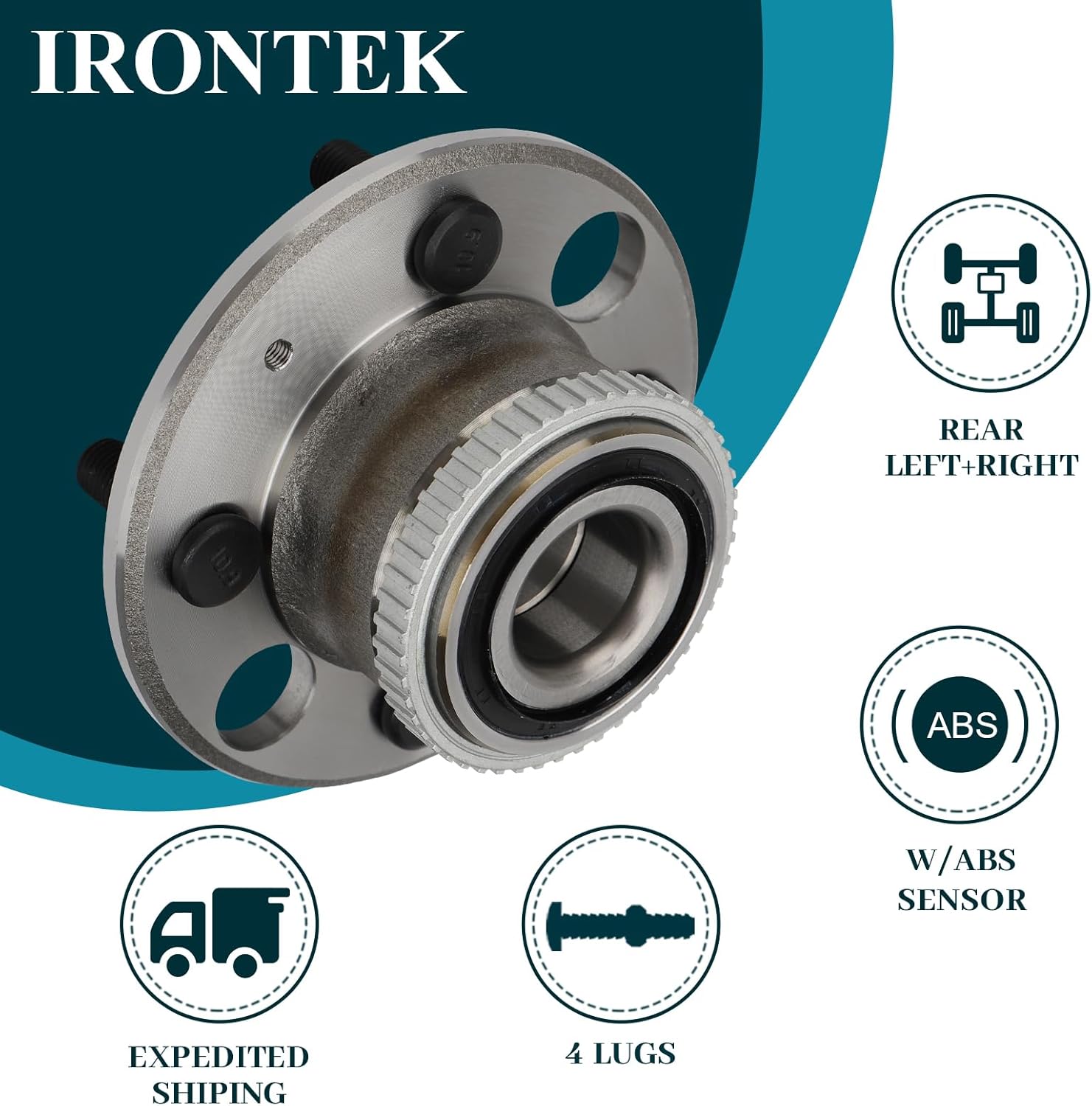IRONTEK 513105 Rear Wheel Hub and Bearing Assembly Compatible for Acura 90-01 Integra, for Honda 92-00 Civic/95-97 Civic del Sol; 4 Lugs w/ABS 1PCS Wheel Bearing and Hub