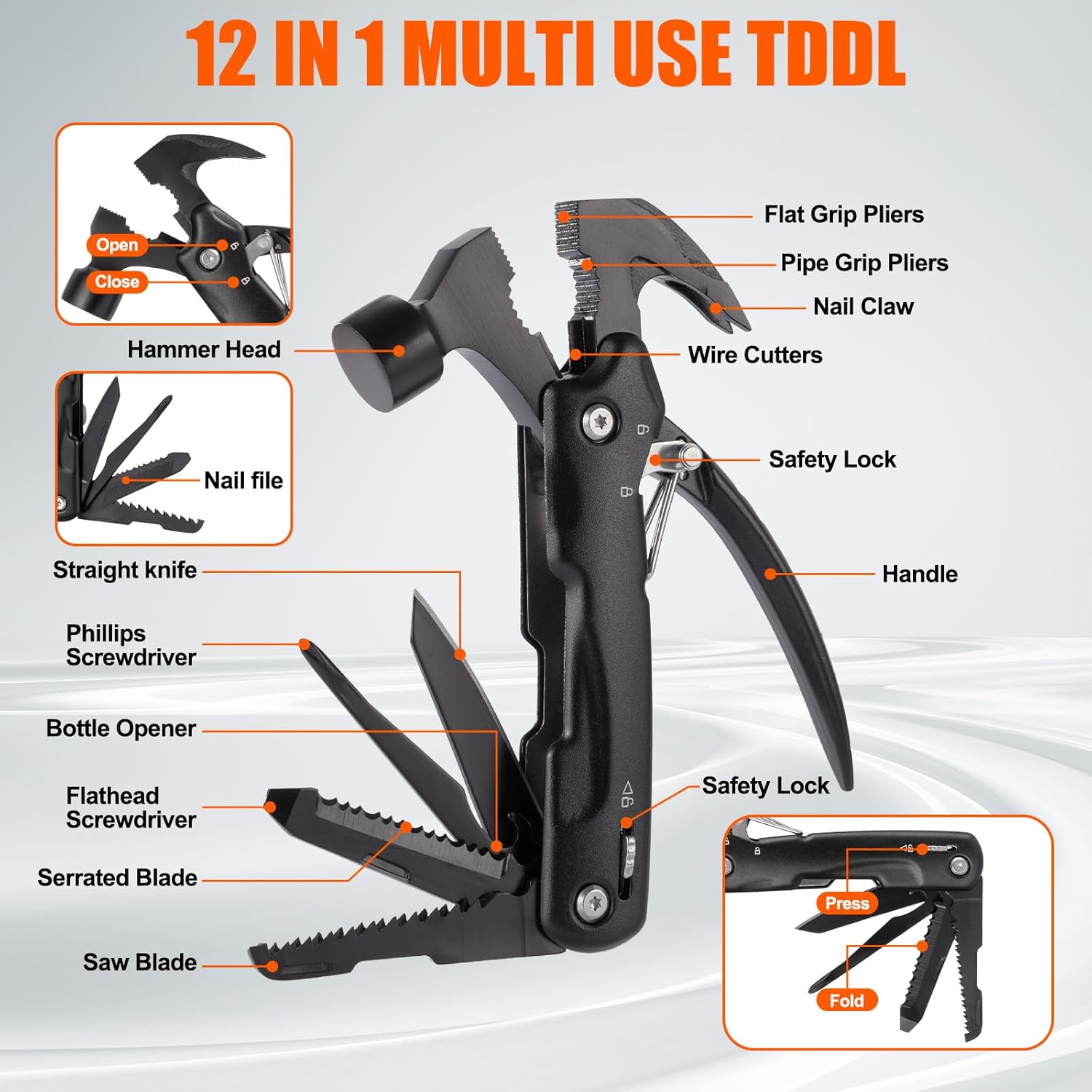 12-in-1 Mens Multi tool Hammer - Portable 13.5cm Mini Hammer Multitool with Nylon Case, Ideal for Camping Essentials, DIY & Emergency, Perfect as Birthday Gifts for Men & Christmas Stocking Stuffers