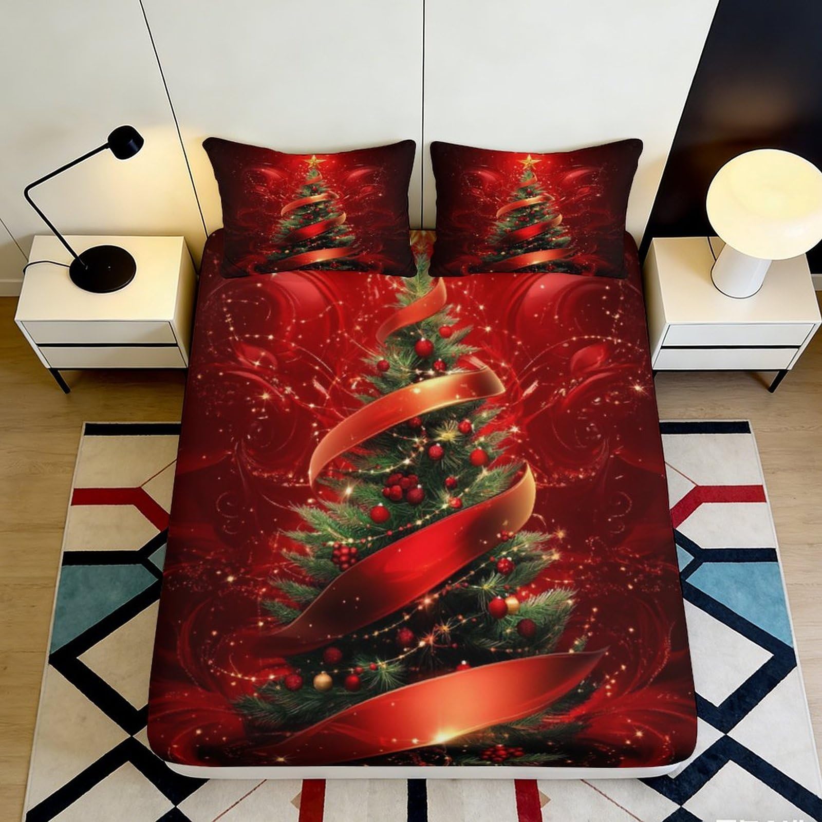Pnayamiorkfel Style-4 3D Printed Christmas Tree Fitted Sheet Microfiber Red Festive Bedroom Bed Cover Anti-Slip Easy Care For Home Guest Room 90X200x25cm