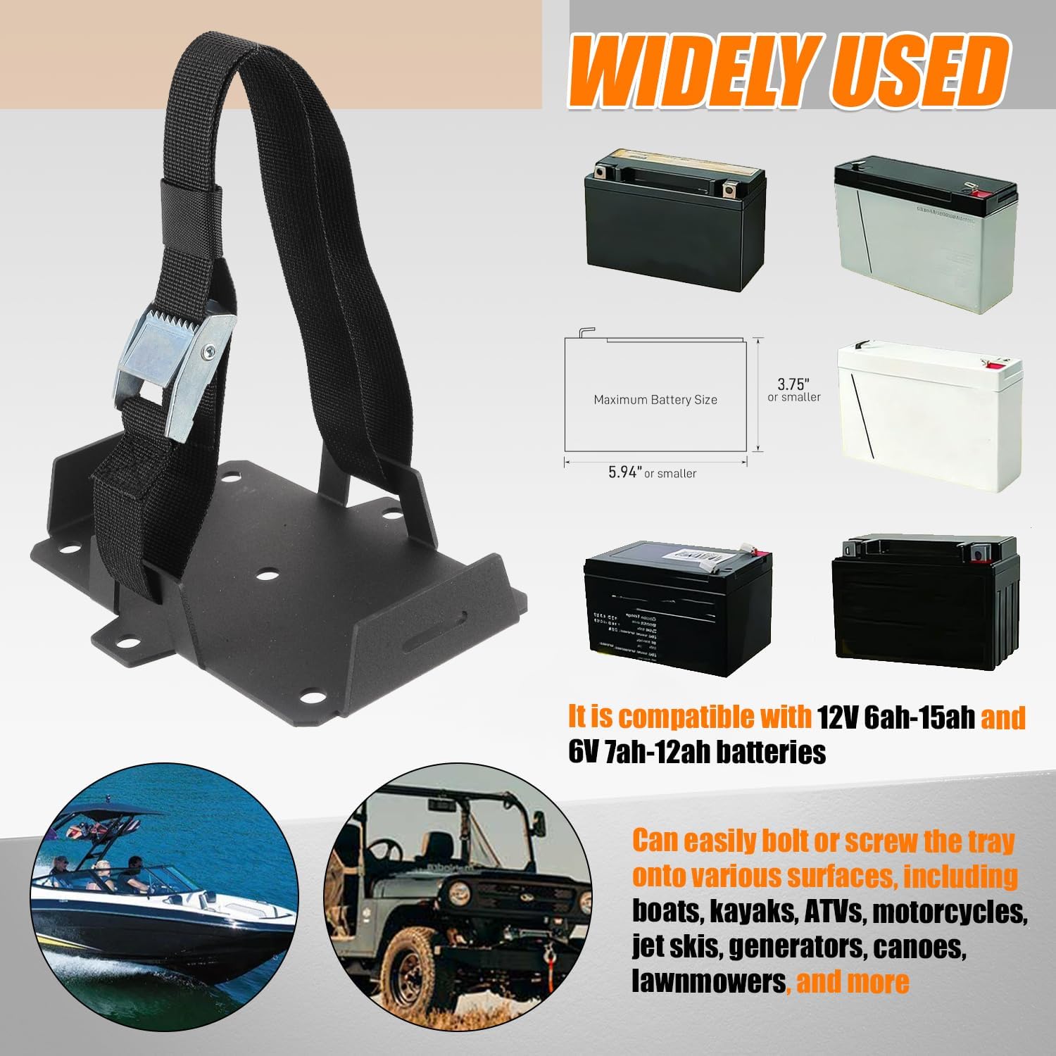 Small Battery Tray with Adjustable Strap - Fits 12V-6V / 6AH 7AH 8AH 9AH 12AH 15AH Batteries & More for ATV, Motorcycle, Boat, Generator
