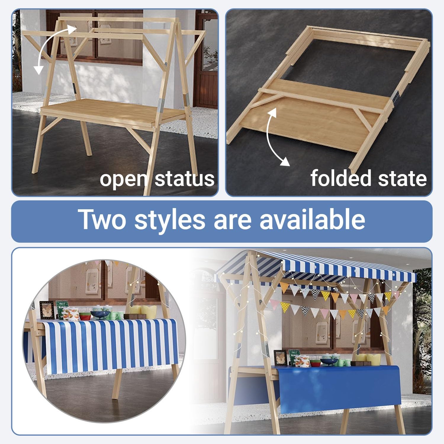 Espositore in legno per bancarelle del mercato con tenda, scaffale pieghevole per vendita di cibo per mercati agricoli, fiere artigianali, eventi all'aperto, G1, 120 cm
