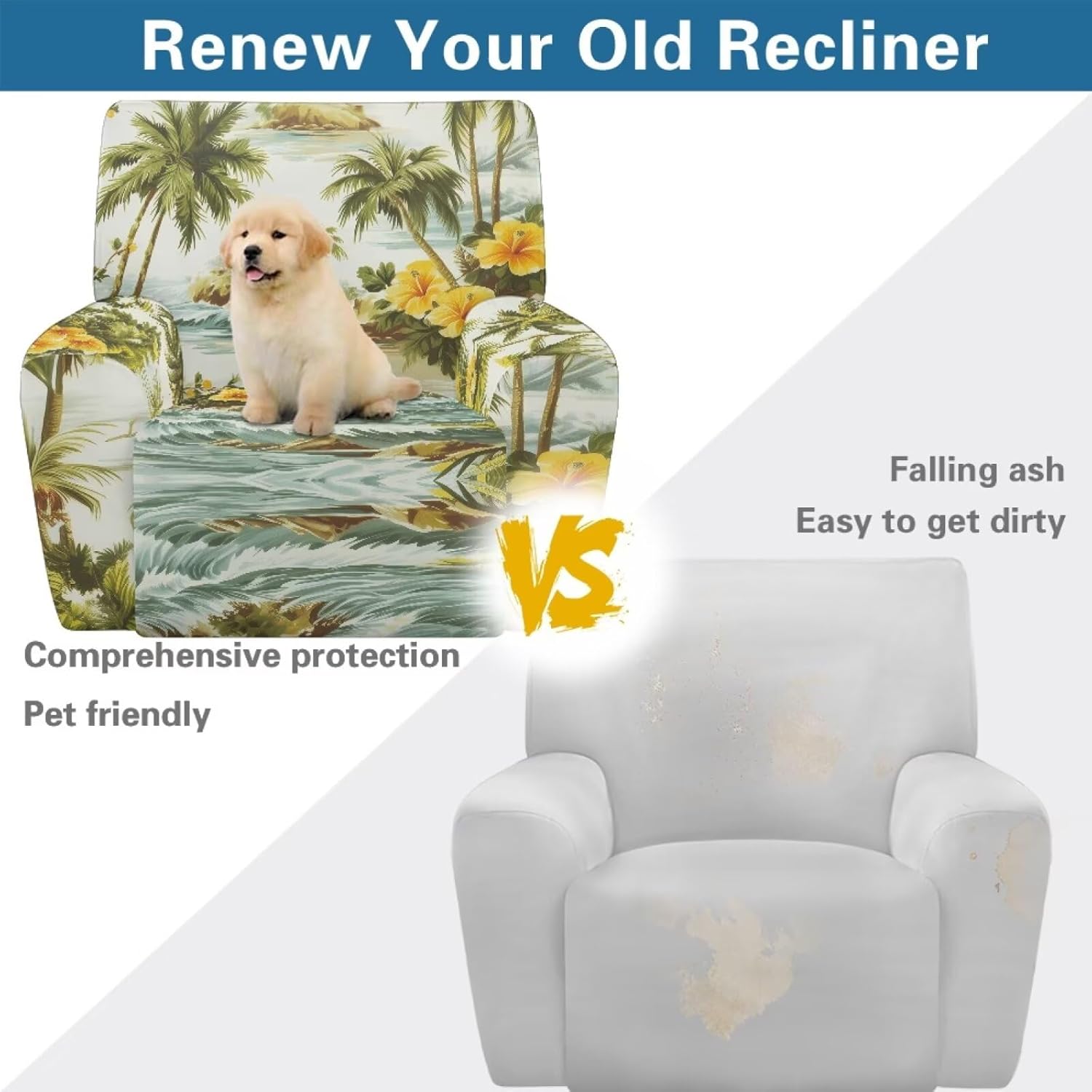 Tropical Hibiscus Palm Tree Print Recliner Chair Covers 4-Pieces Stretch Lazyboy Recliner Chair Cover Fitted Sofa Couch Cover Soft Reclining Couch Slipcover Furniture Protector