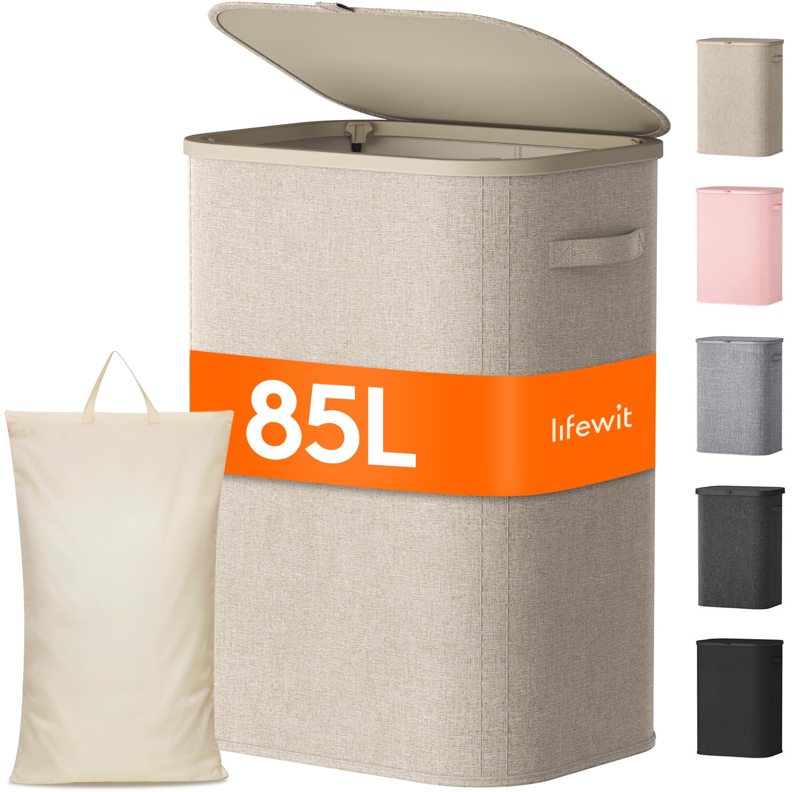 Lifewit 85L Large Laundry Hamper with Lid, Removable Inner Bag, Beige