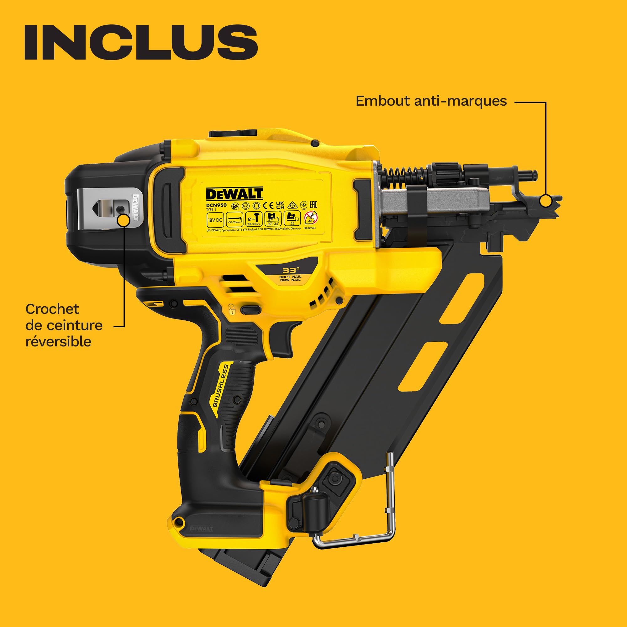 DEWALT 18V XR Cloueur de Charpente Brushless Nouvelle Génération, Outil seul, DCN950N-XJ
