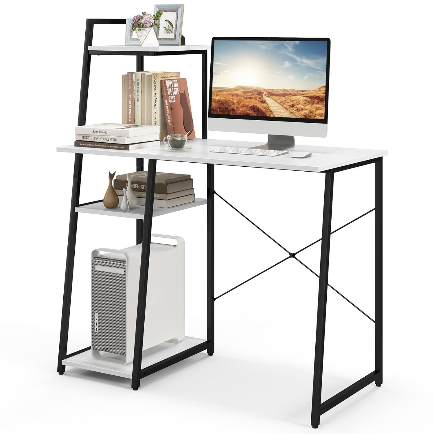 COSTWAY Computer Desk with 4-Tier Storage Shelves Home Office Desk Writing Table with Sturdy X-Shape Frame Adjustable Foot