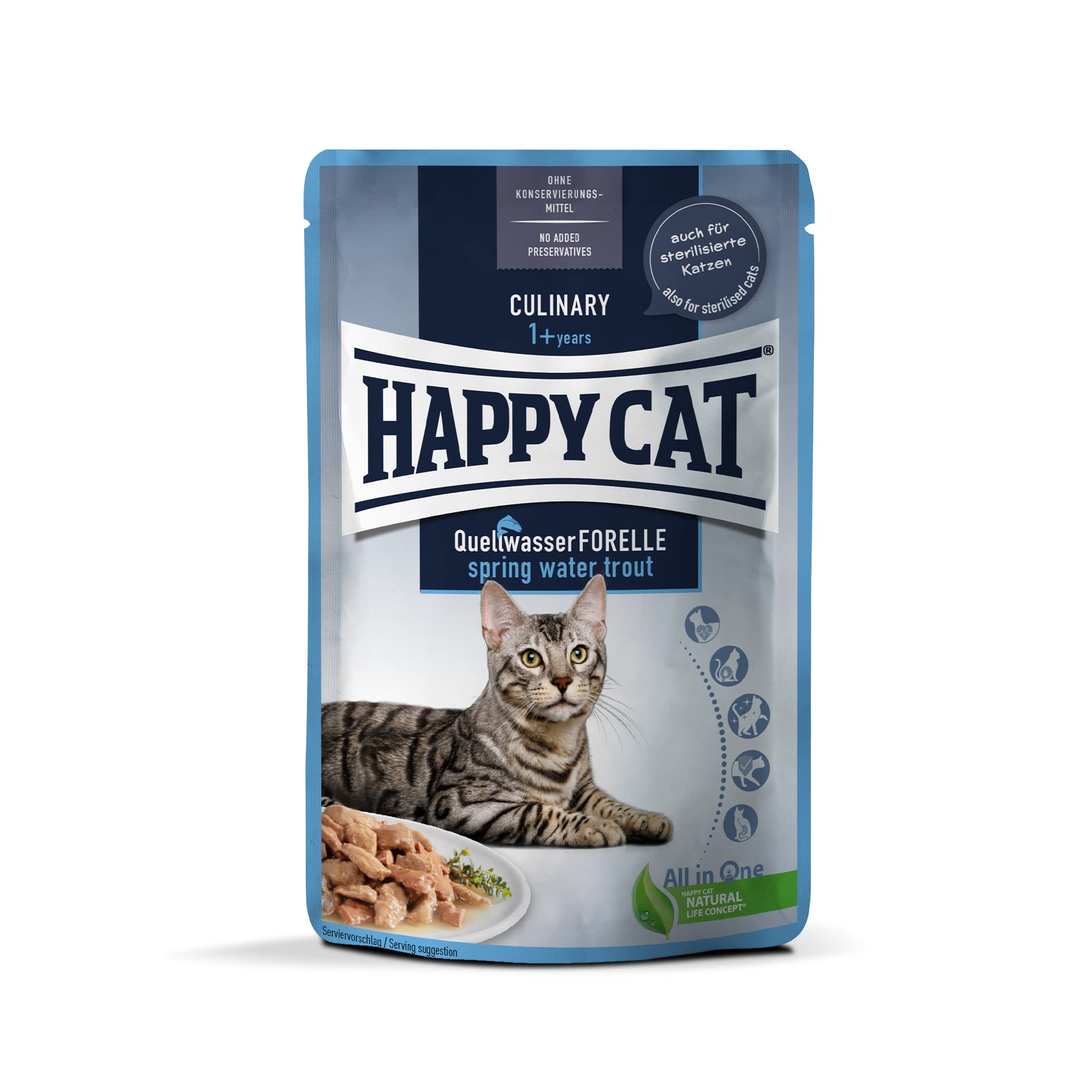 Happy Cat 70620 - Culinary Meat in Sauce Quellwasser Forelle - Nassfutter für ausgewachsene Katzen & Kater - 85g Pouch