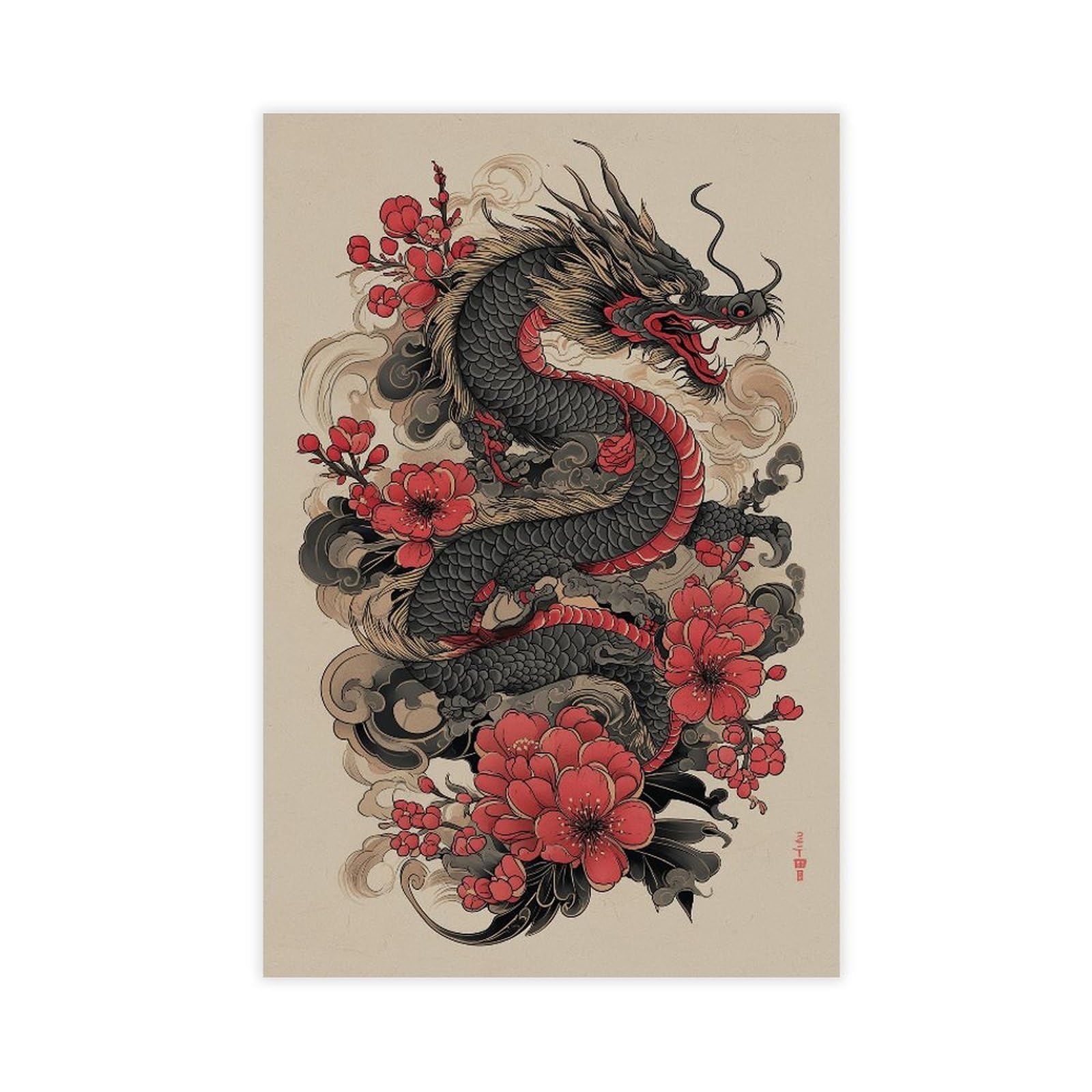 Japanese Dragon Cherry Blossom Poster Canvas Poster for Bedroom Decor Gift