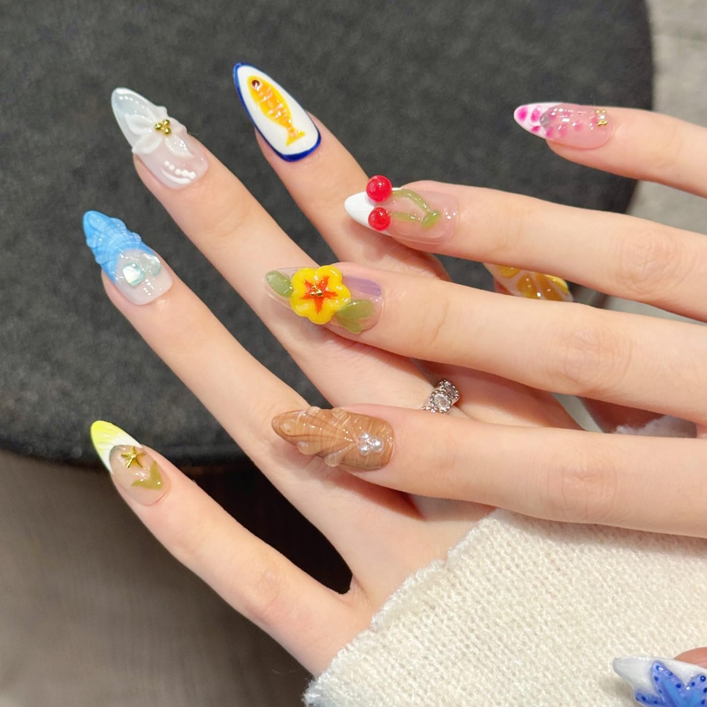 handmade nails press on Salon Quality fish starfish flower orange cherry pearl Reusable almond hand-painted gentle acrylic 3D fake nails designed kit,10 Nails, Size M #2914