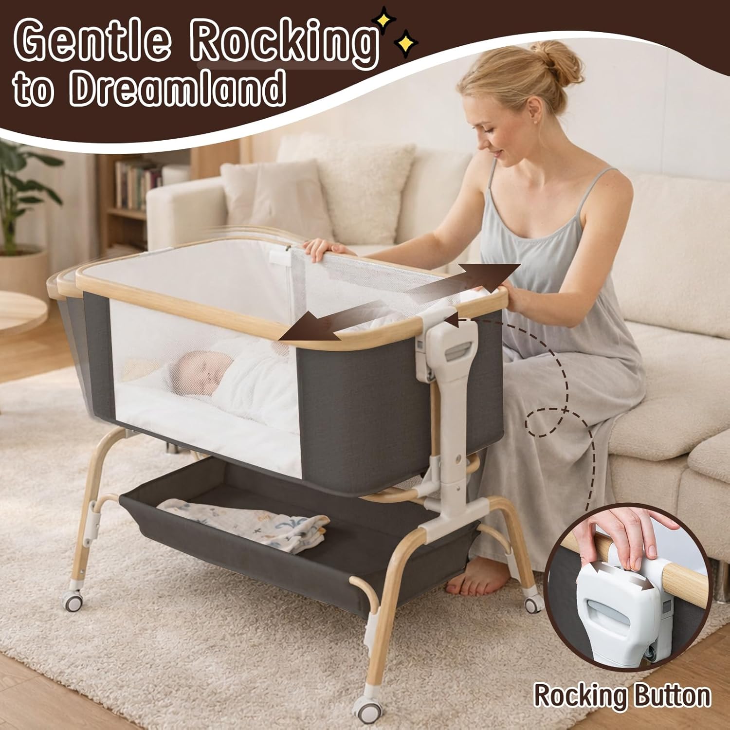 Rocking Baby Bassinet Bedside Sleeper, Detachable Portable Bassinet & Adjustable Crib with 8 Heights, Breathable Mesh, Storage Basket & Mobile Toy for Newborns to Toddlers(Graphite)