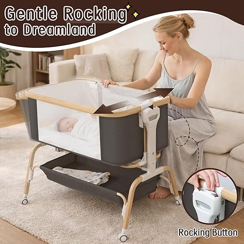 Miniatura 2 de Moisés mecedor para bebé, cuna portátil desmontable y cuna ajustable con 8 alturas, malla transpirable, cesta de almacenamiento y juguete móvil para