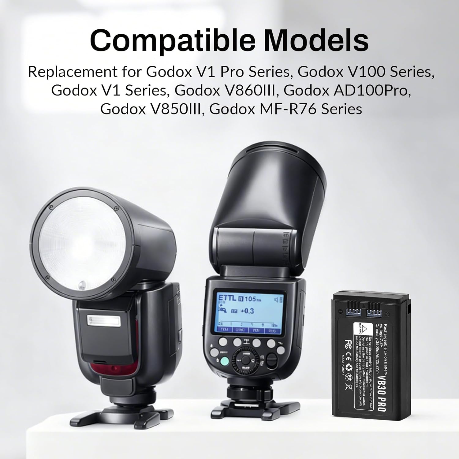 2-Pack Replacement for GODOX VB26A VB26B VB30 VB26 Flash Battery,Compatible with GODOX V1 V100 V1Pro AD100PRO V850III V860III V860III-C V860III-F Camera Flash Speedlite 7.2V 3500mAh with Type-C Cable