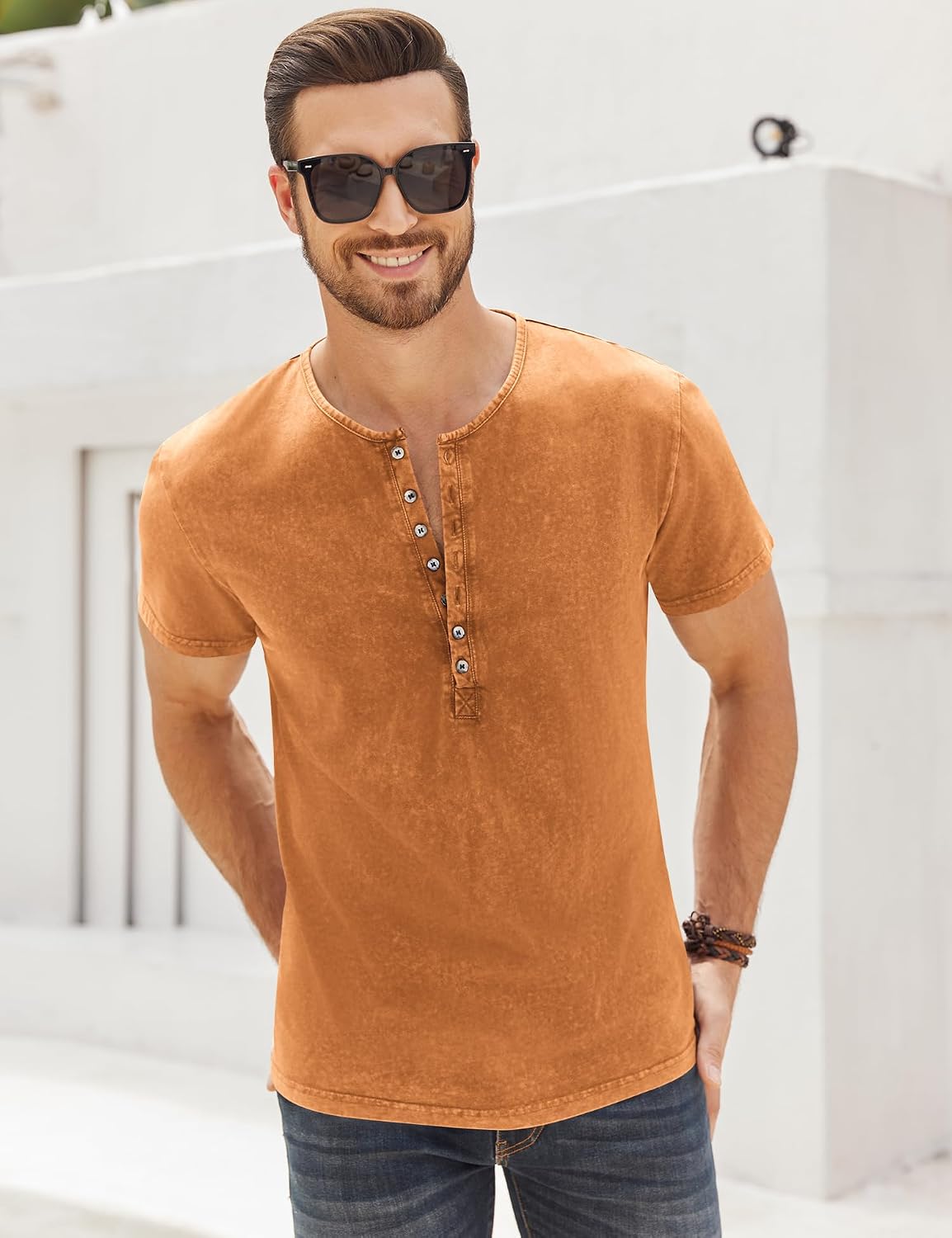 Beotyshow Mens Distressed Henley Shirts Retro Short Sleeve Tee Shirts Casual Button Down Washed T-Shirts for Men