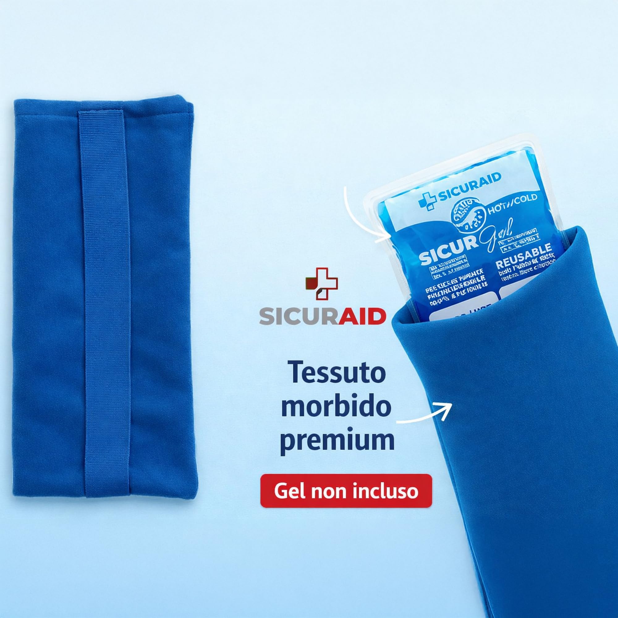 Sacca Porta Gel Caldo/Freddo con Fascia di Fissaggio, Custodia per Impacco 12,5 x 26 cm, Blu, 1 Pezzo (Gel Non Incluso)
