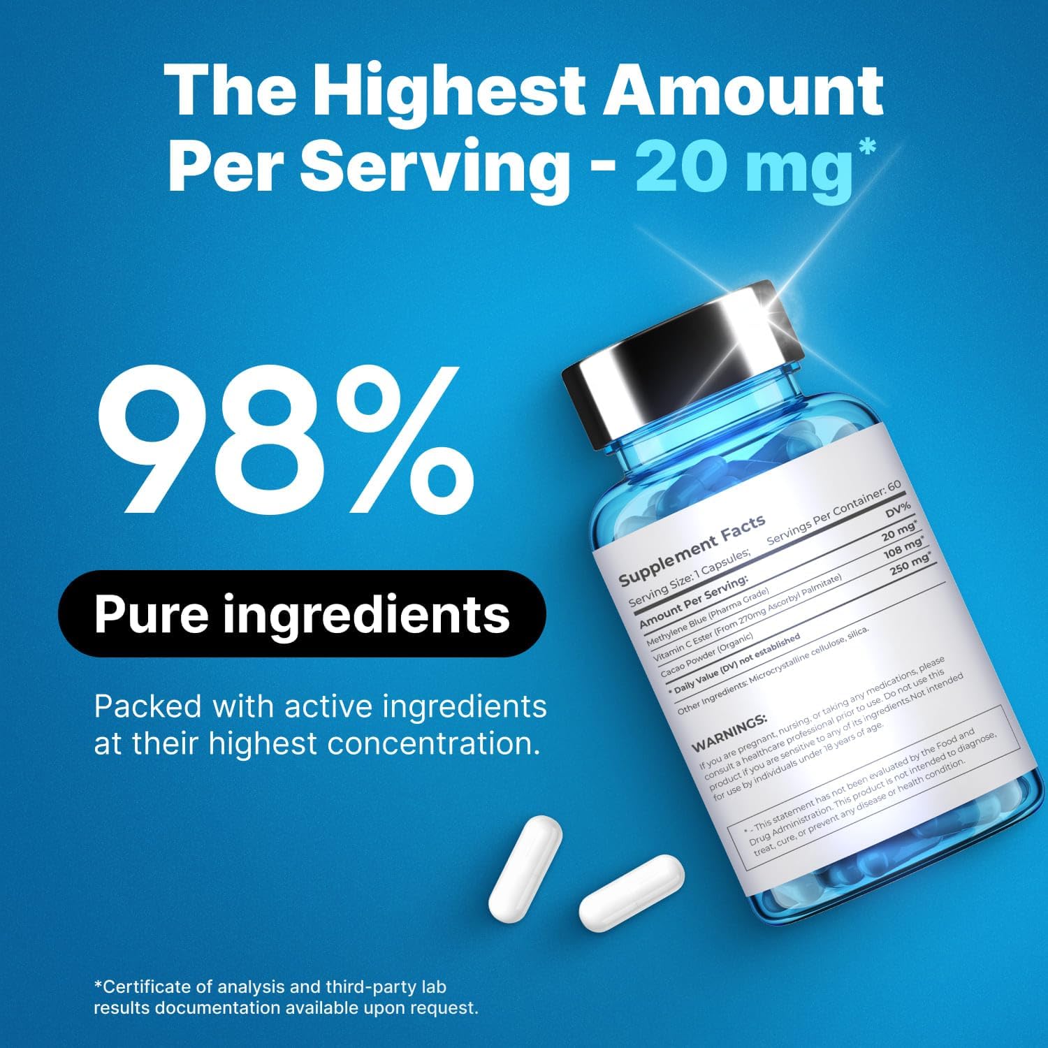 Ultimate Methylene Blue Pharmaceutical Grade 20mg (USP) Methylene Blue Capsules for Humans | Memory Supplement and Brain Booster Supplement | Focus Fuel and Memory Vitamins Energy Pills | 60 Servings - Image 7