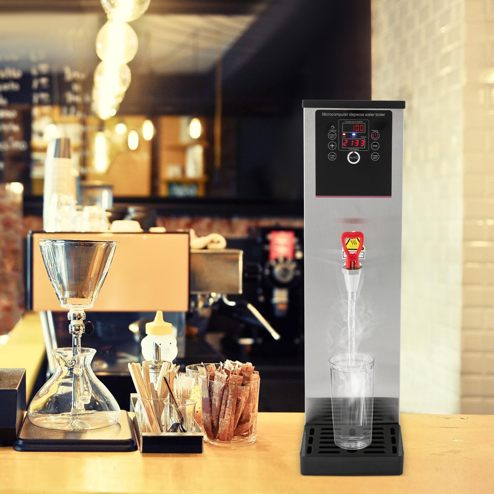 LIYUANJUN 2500W Commercial Hot Water Dispenser, 15L/3.96gal Electric Water Boiler with Drip Tray Digital Display Screen Step-Heating Hot Water Maker for Large Homes Caterers Restaurants, Silver