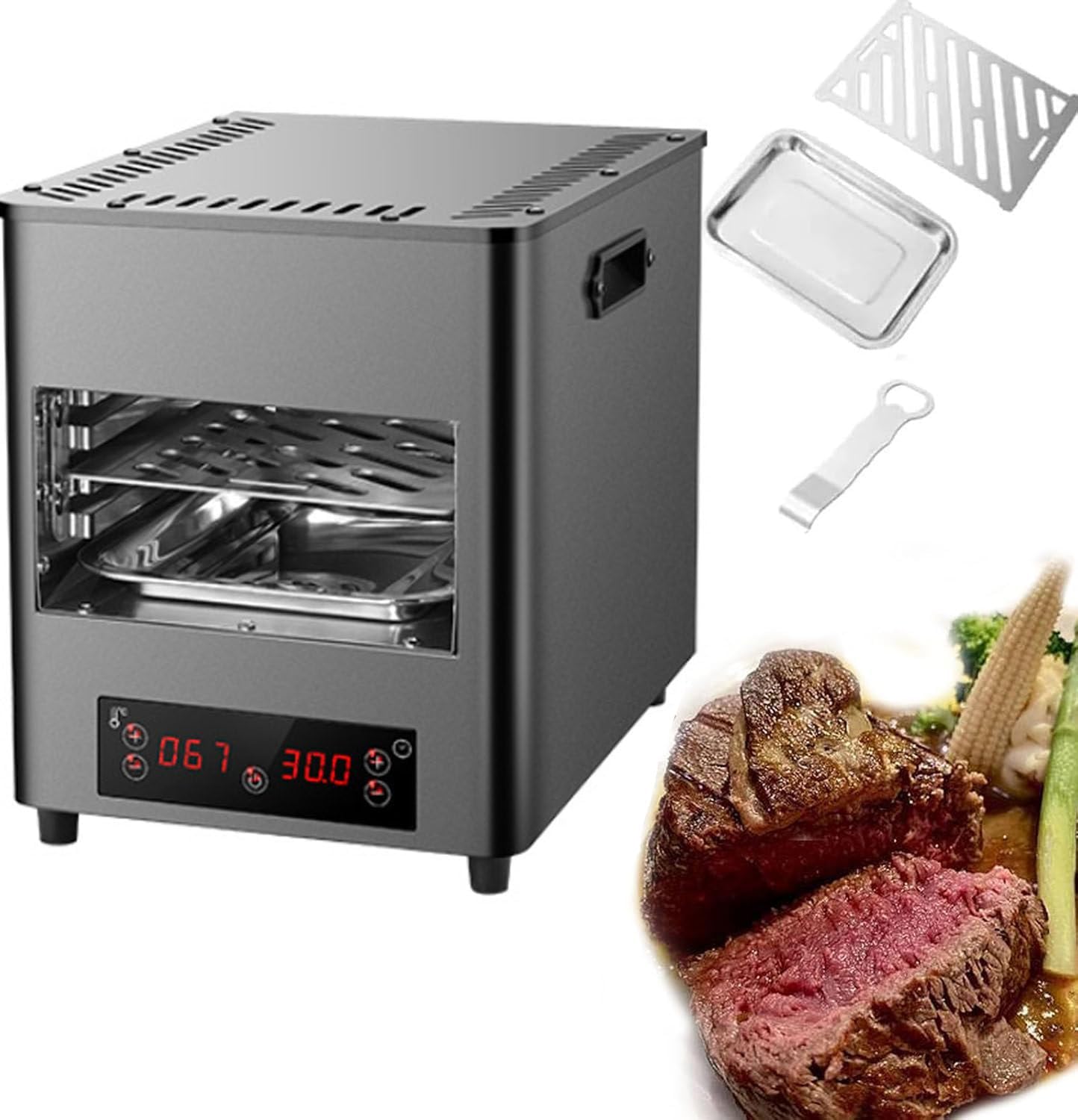 1700W Smokeless Electric Steak Broiler - Portable Indoor BBQ Grill with Timer & Temp Control, Stainless Steel Machine for Steak, Meat, Pizza & More (Includes Grill Tray & Clip)