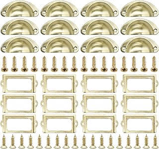 Card Holder Drawer Label, DBAILY 12pcs Vintage Modern Cabinet Cup Handle Metal Label Holders +12pcs Brass Shell Drawer Pull Handles for Office Library Furniture Kitchen Cupboard Door Bookshelf Shelves