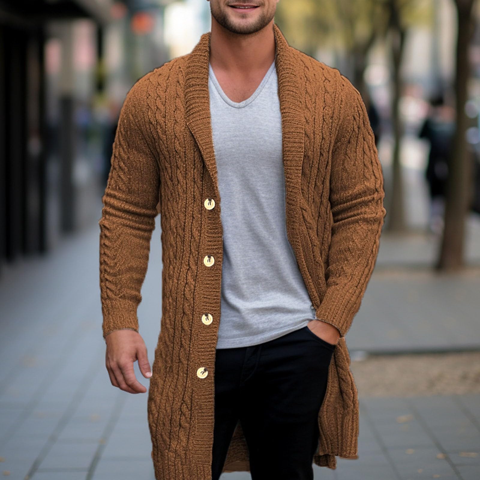 Generisch Cardigan da uomo, lungo, invernale, con bottoni e risvolto, in tinta unita, motivo a treccia, slim fit, cardigan, per le mezze stagioni, per il tempo libero, versatile