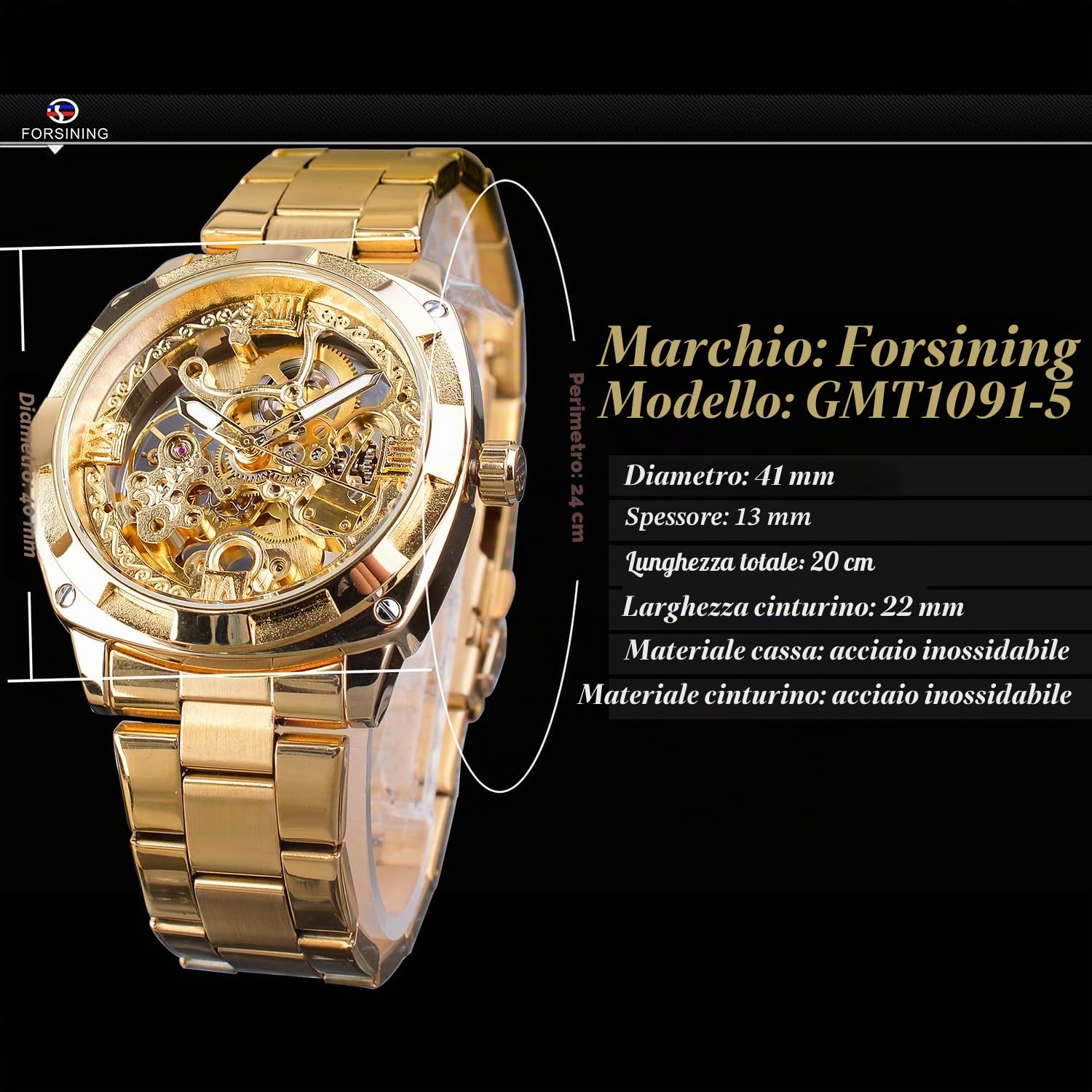 Forsining - Orologio da polso automatico meccanico da uomo, retro, di lusso, con incisione floreale dorata completa, design scheletrato