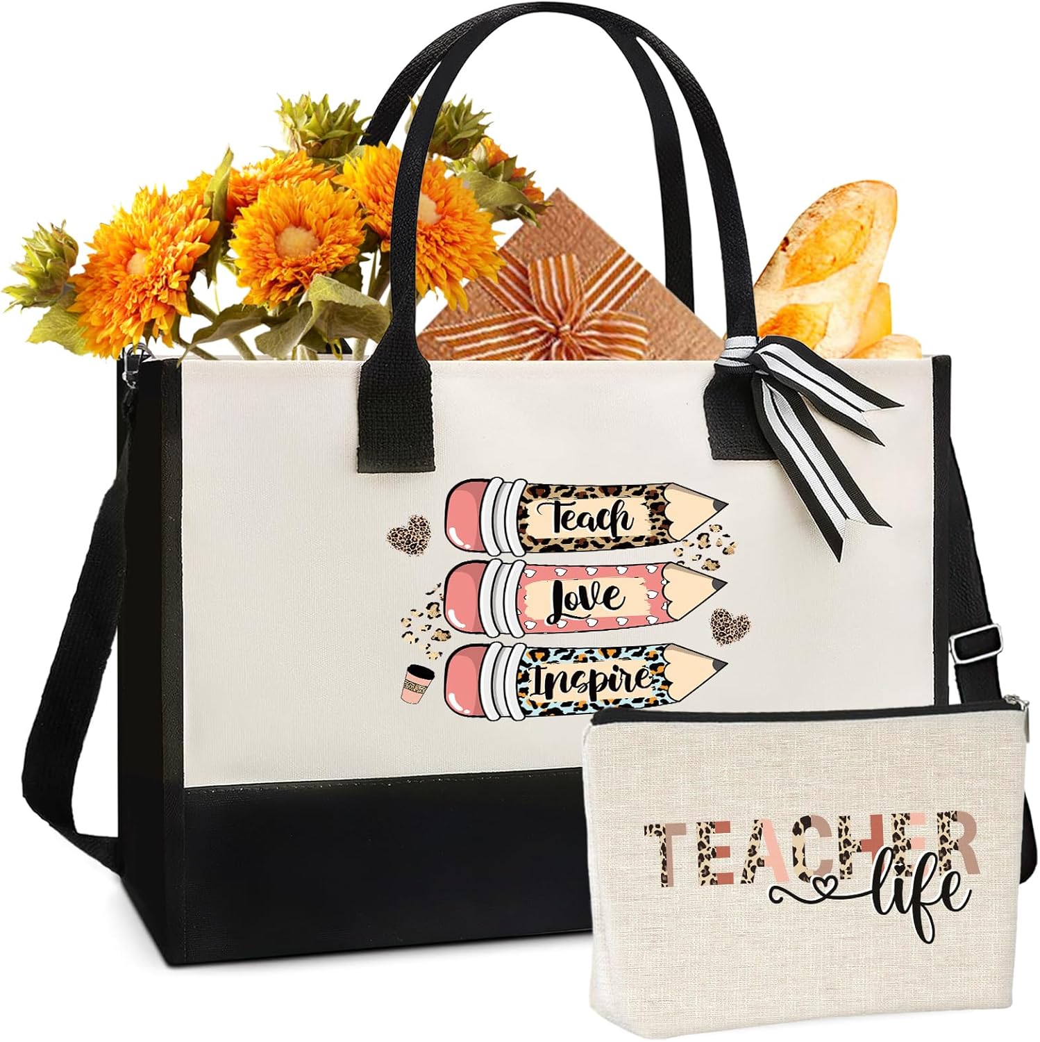 Teacher Canvas Tote Bag - Appreciation Teacher's Day Thanks Gifts Leopard Pencil Pattern Tote Bag Canvas Bag with Zipper with Cosmetic Bag