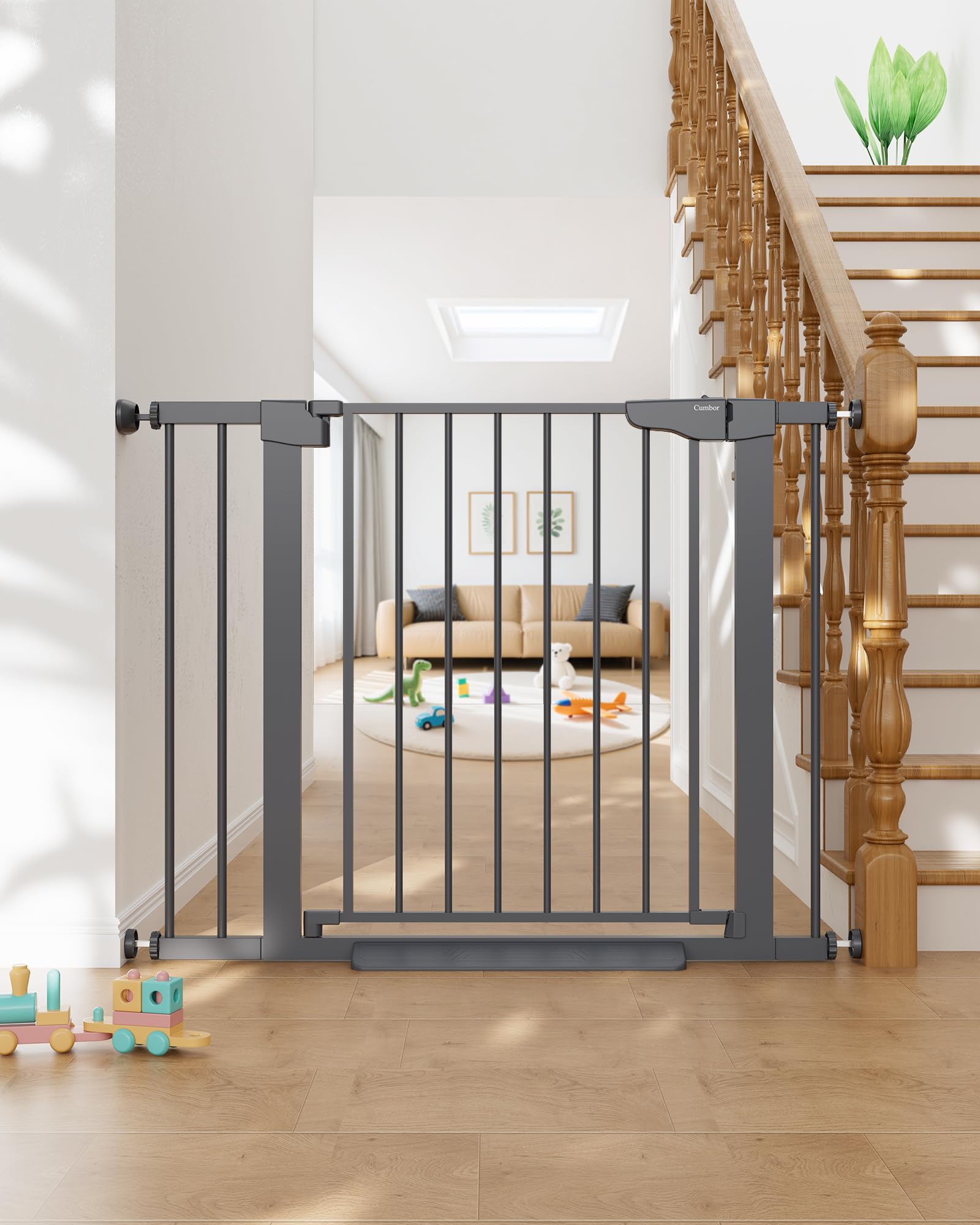 cumbor 30-40.6" baby gate for stairs and doorways,( **color is white***)mom's choice award winner, pressure mounted indoor dog gate, easy walk through door, child safety double-lock, pet friendly, cool gray