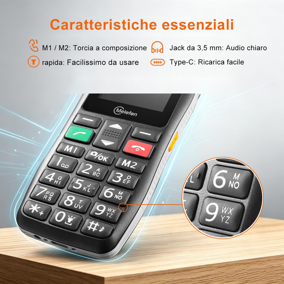 Telefono 4G per Anziani,Tasti Grandi,SOS,Base di Ricarica,Blocco Laterale | Senza Contratto,Facile da Usare,Chiamata Rapida M1/M2,Volume Alto,Ricarica USB-C,Radio FM,Torcia LED