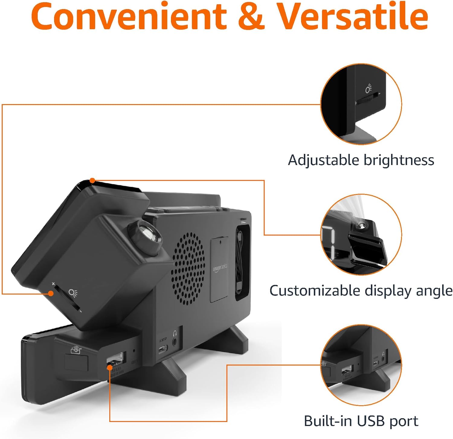 Diagram showing adjustable brightness, customizable display angle, and built-in USB port on the Amazon Basics Projection Alarm Clock