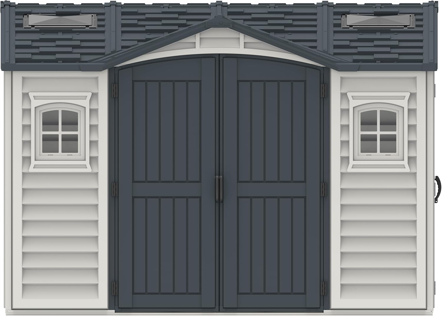 DURAMAX 10.5 x 8 Apex Pro Shed with Foundation, 2 Windows & Side Door, Black, Vinyl & Galvanized Steel
