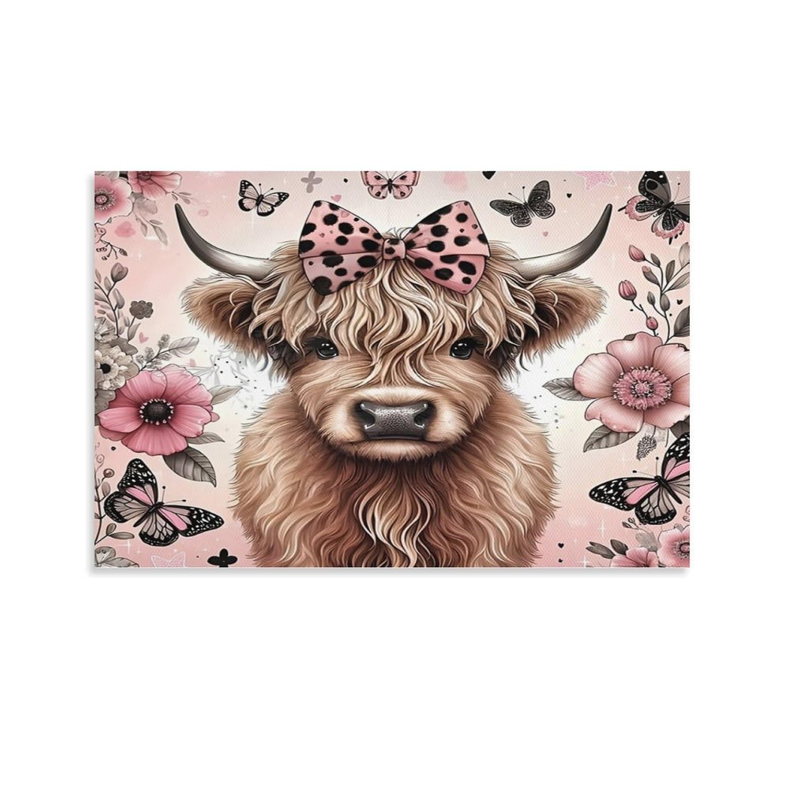 Cplvkwrqj Unframe-Style-3 Cute Highland Cow Individual Calf Polka Dot Bow Butterflies Wall Art Decor - Office Wall Focal Art Multi-Purpose Fade Resistant Decor 20X30inch(50X75cm)