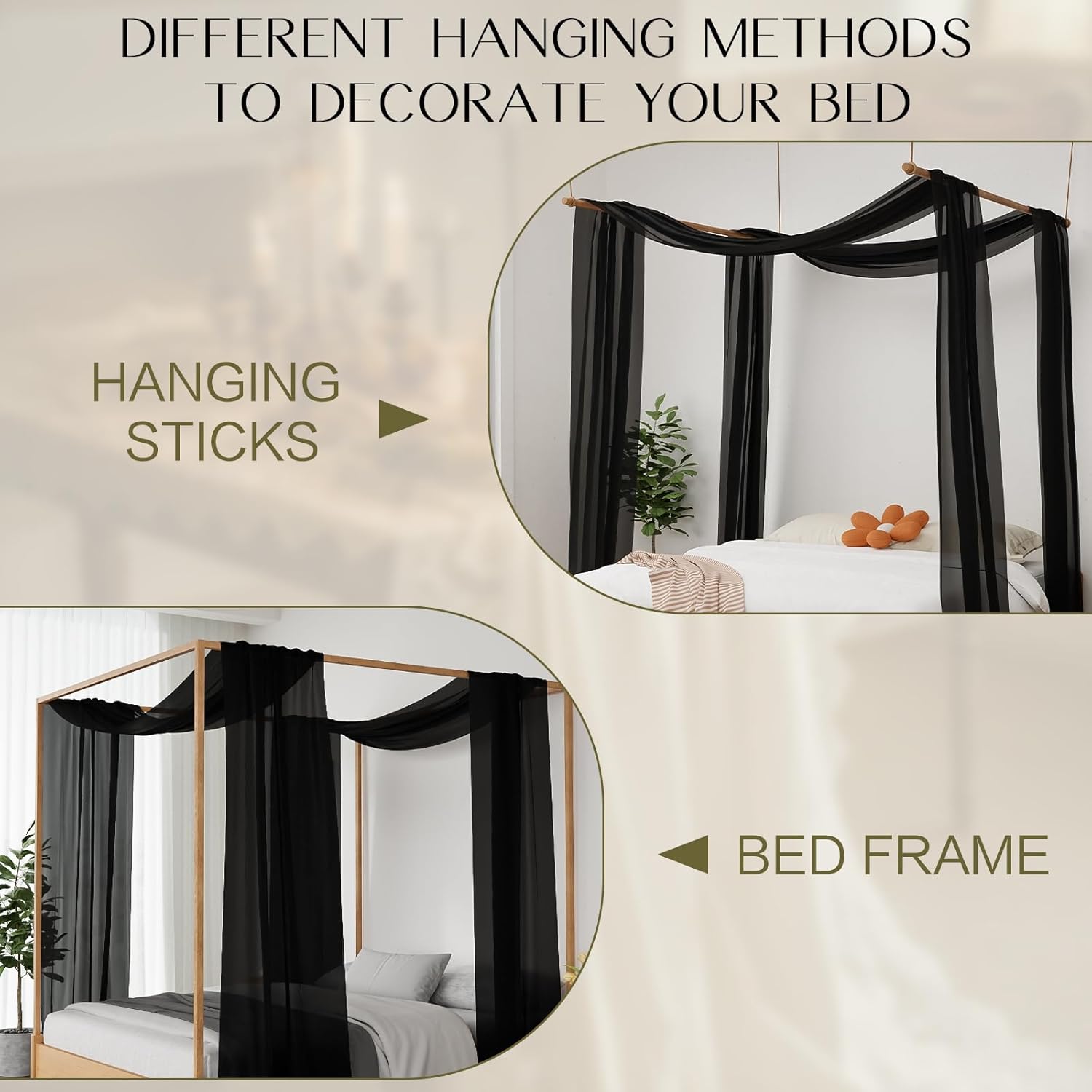 Canopy Bed Curtains - 2 Panel Curtains for Bed in 52 x 144 Inches Black Sheer Scarf Luxury Sheer Curtains for Adults Girls Room Decor(Twin,Black)