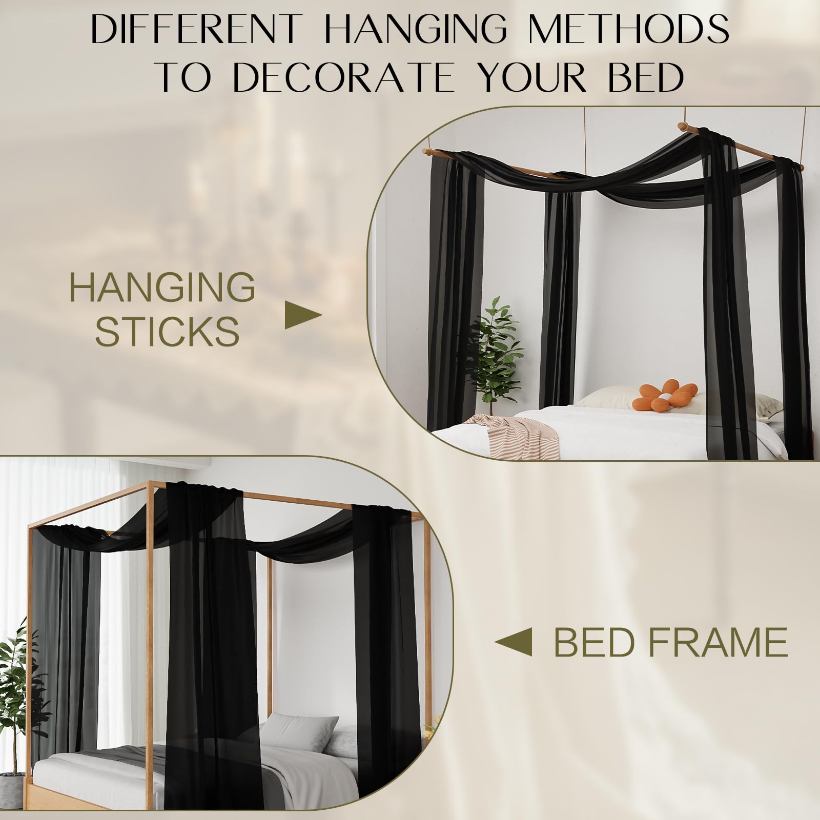 Cortinas de cama con dosel, toldo de 2 paneles para cama de 52 x 256 pulgadas, bufanda transparente negra, cortinas de toldo de cama, bufanda transparente de lujo para decoración de habitación