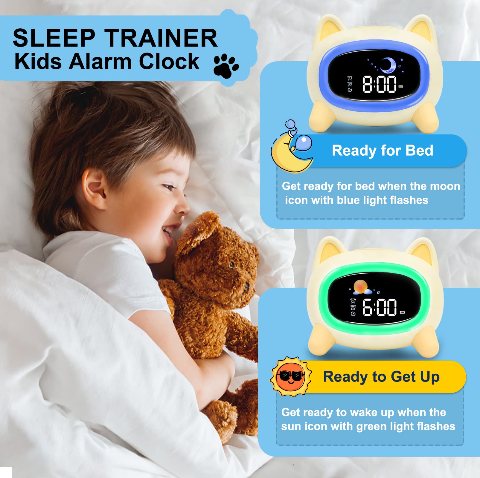 Reloj despertador para niños, bonito reloj despertador para niños, reloj de entrenamiento de sueño con luz nocturna y máquina de sonido para niños pequeños, niñas, adolescentes (perro)
