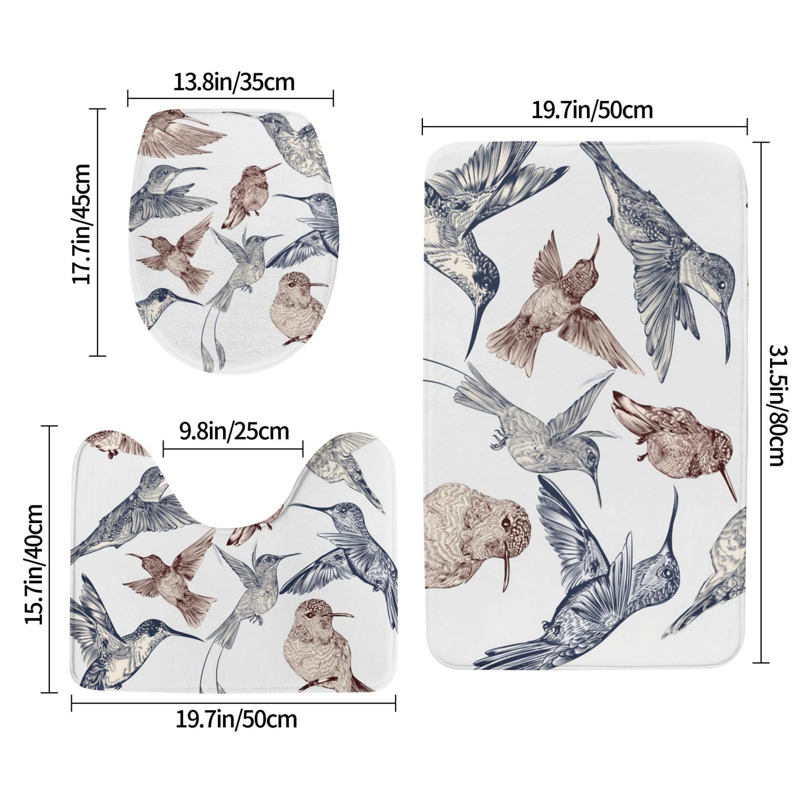 OUSIKA Set di tappetini da bagno disegnati a mano con stampa di uccelli, 3 pezzi inclusi, tappetino da contorno assorbente per bagno