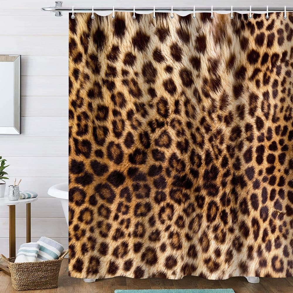 Onalasyc 4 Pcs Leopard Shower Curtain,Cheetah Print Bathroom Set Shower Curtain Sets with Rugs,Brown Animal Print Shower Curtain Bathroom Decor Sets,juego de baños de Set completo with 12 Pcs Hook