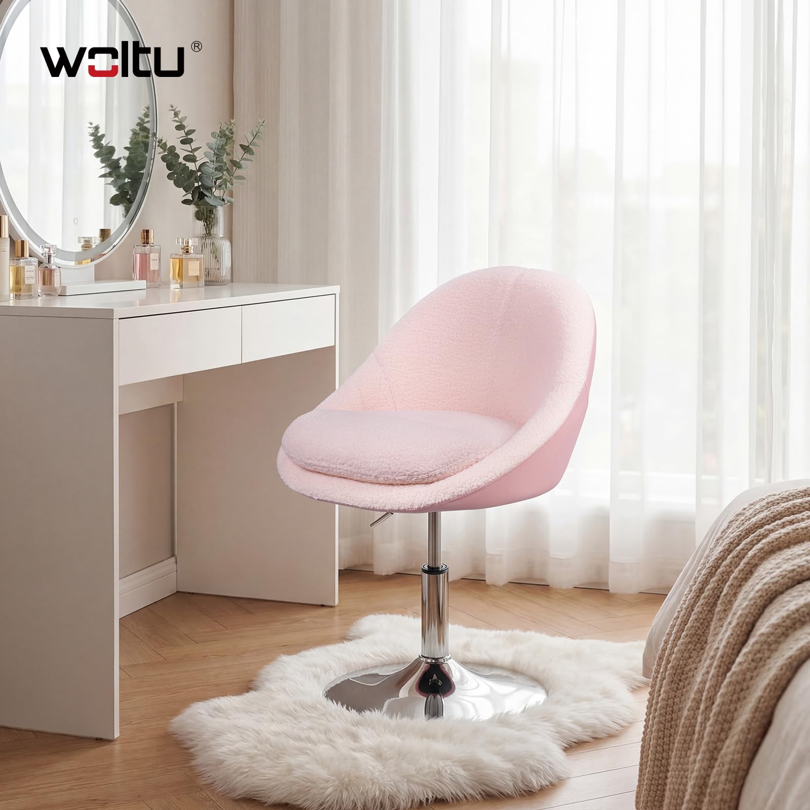 WOLTU Chaise Coiffeuse, Chaise Pivotante avec Dossier, Hauteur Réglable, en Tissu Teddy et PU, pour Chambre à Coucher, Bureau à Domicile, Rose