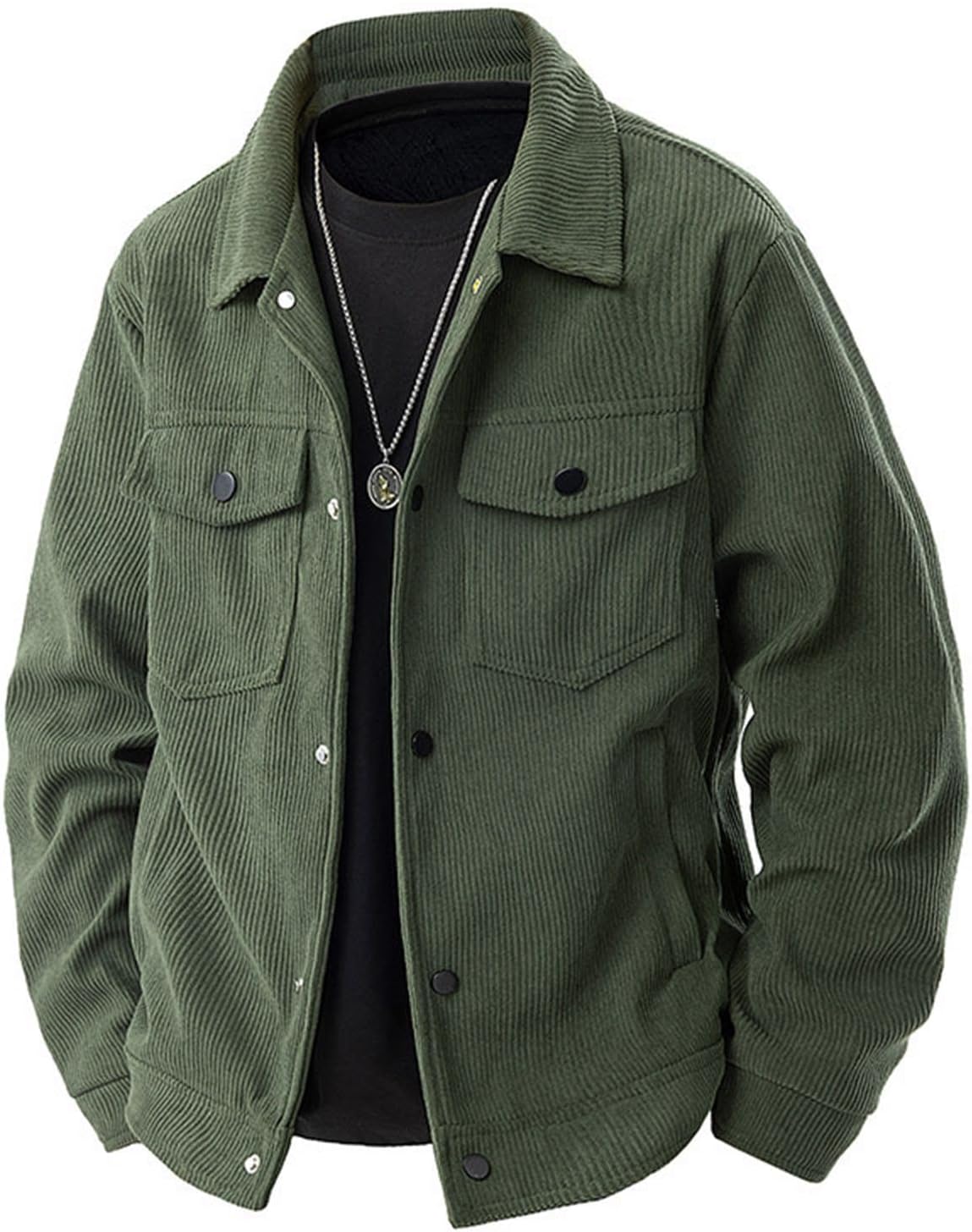 Cambkatl Men's Fleece Lined Vintage Corduroy Tactical Jackets - Lapel Button Down Long Sleeve Loose Winter Coats with Pockets