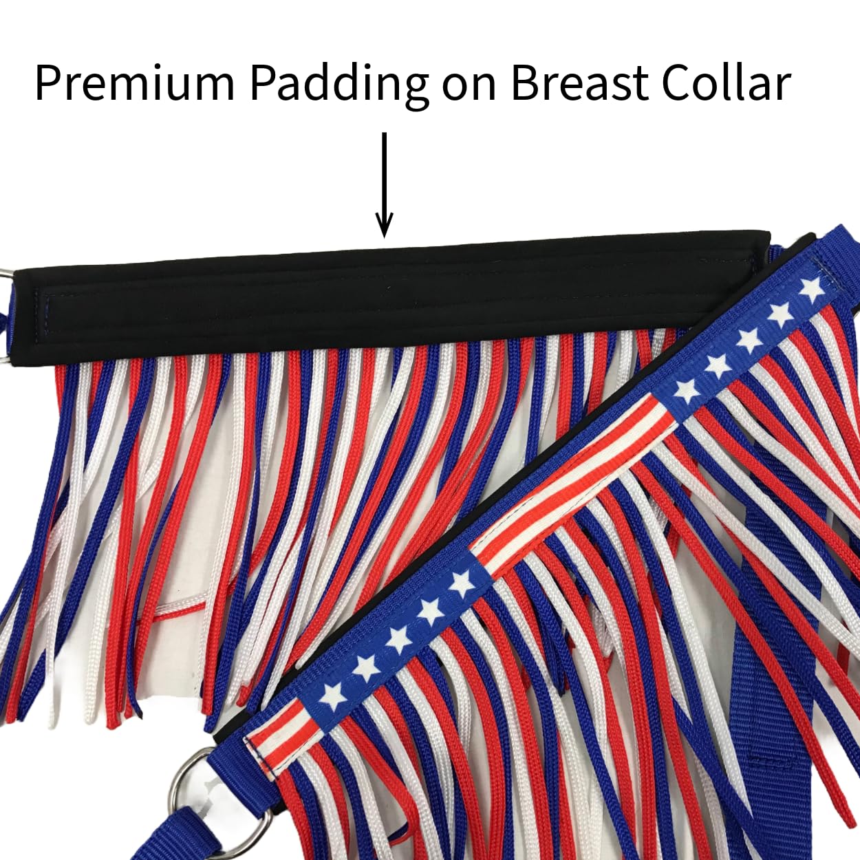 Tahoe Tack American Flag Double Layered Nylon Patriotic Padded Headstall, Reins and Breast Collar with Fringes 3 Items Set: Full Red/White/Blue
