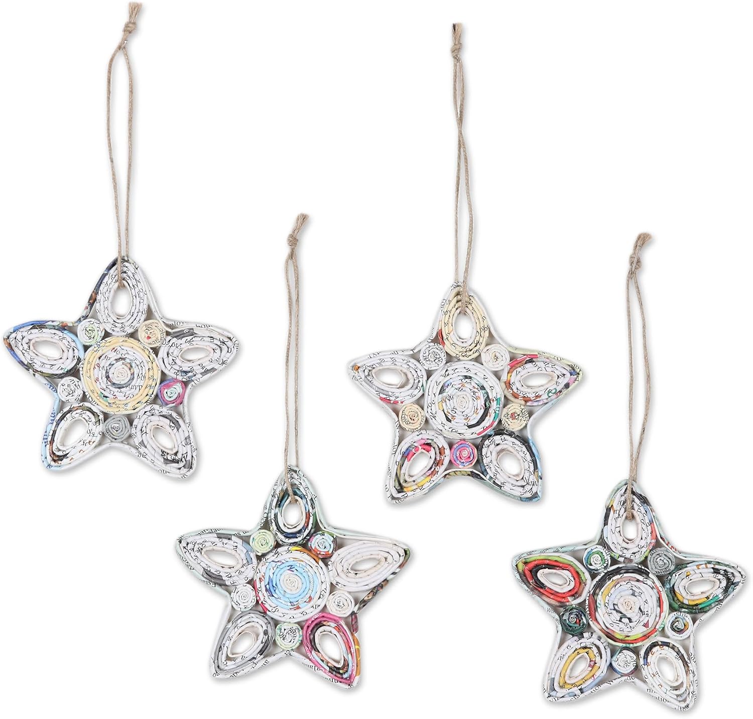 NOVICA Artisan Handmade Recycled Paper Ornaments Ecofriendly Star from India Multicolor Holiday Decor Upcycled Christmas [3.8in H x 3.8in W x 0.2in D] 'Festive Constellation' (Set of 4)