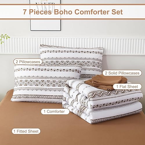 Miniatura 4 de PERFEMET Juego de edredón bohemio a rayas tamaño matrimonial, juego de ropa de cama geométrico marrón y blanco, 7 piezas, cama azteca de granja en