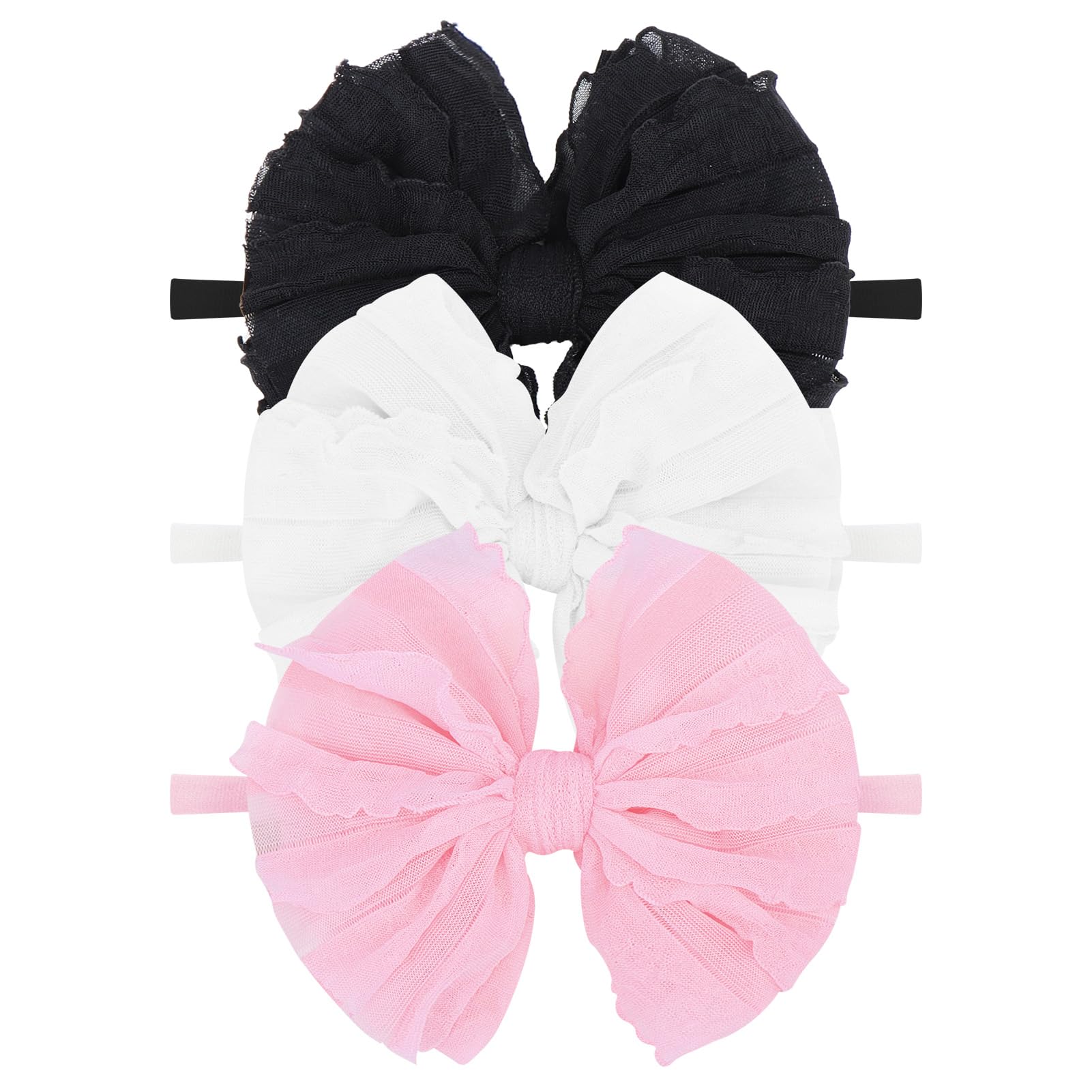 Lanmerry - Diademas para bebés y niñas, lazos de encaje para recién nacidas, accesorios para el cabello para bebés y niñas, diadema para bebés, color negro, blanco y rosa claro, 3 unidades