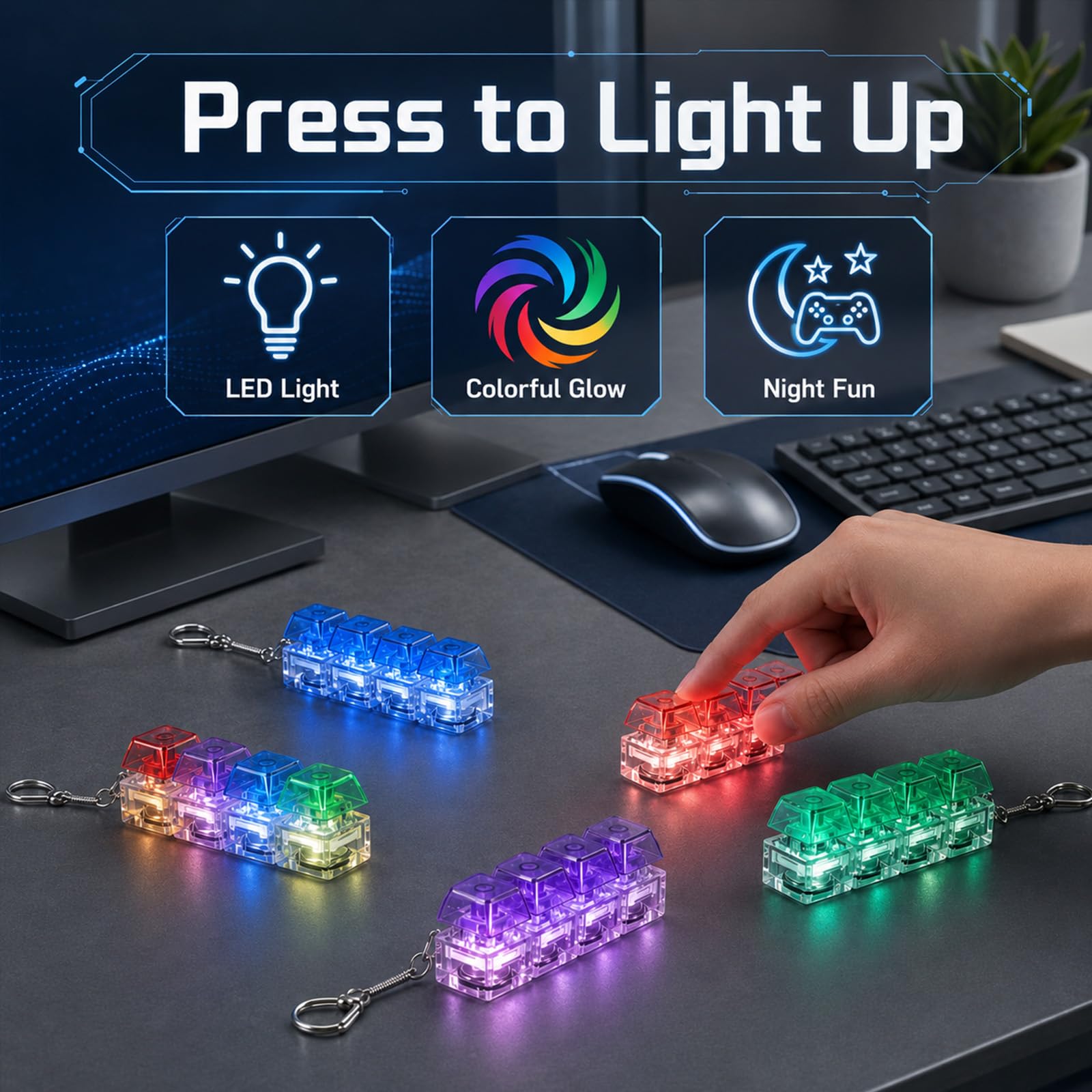 Blulu Lot de 20 porte-clés lumineux avec lumière LED - Mini clavier mécanique - Jouets pour soulager l'anxiété et le stress - Multicolore (transparent)