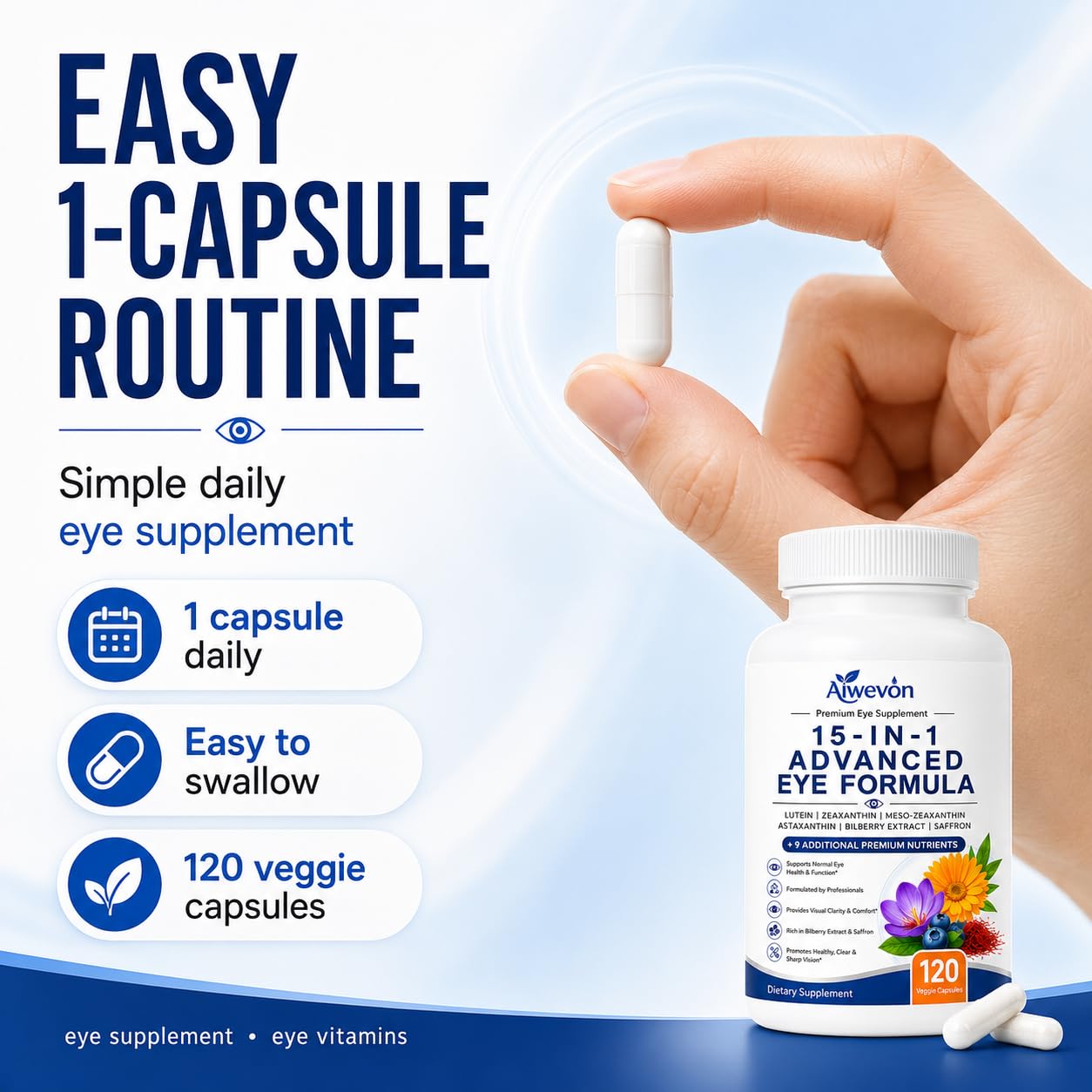 15 in 1 Advanced Eye Formula, Eye Vitamins Supplement with Lutein Zeaxanthin Meso Zeaxanthin, Bilberry Extract & Saffron, Eye Health Support Capsules for Adults, Daily Vision Nutrition, 120 Count — Amazon image 4