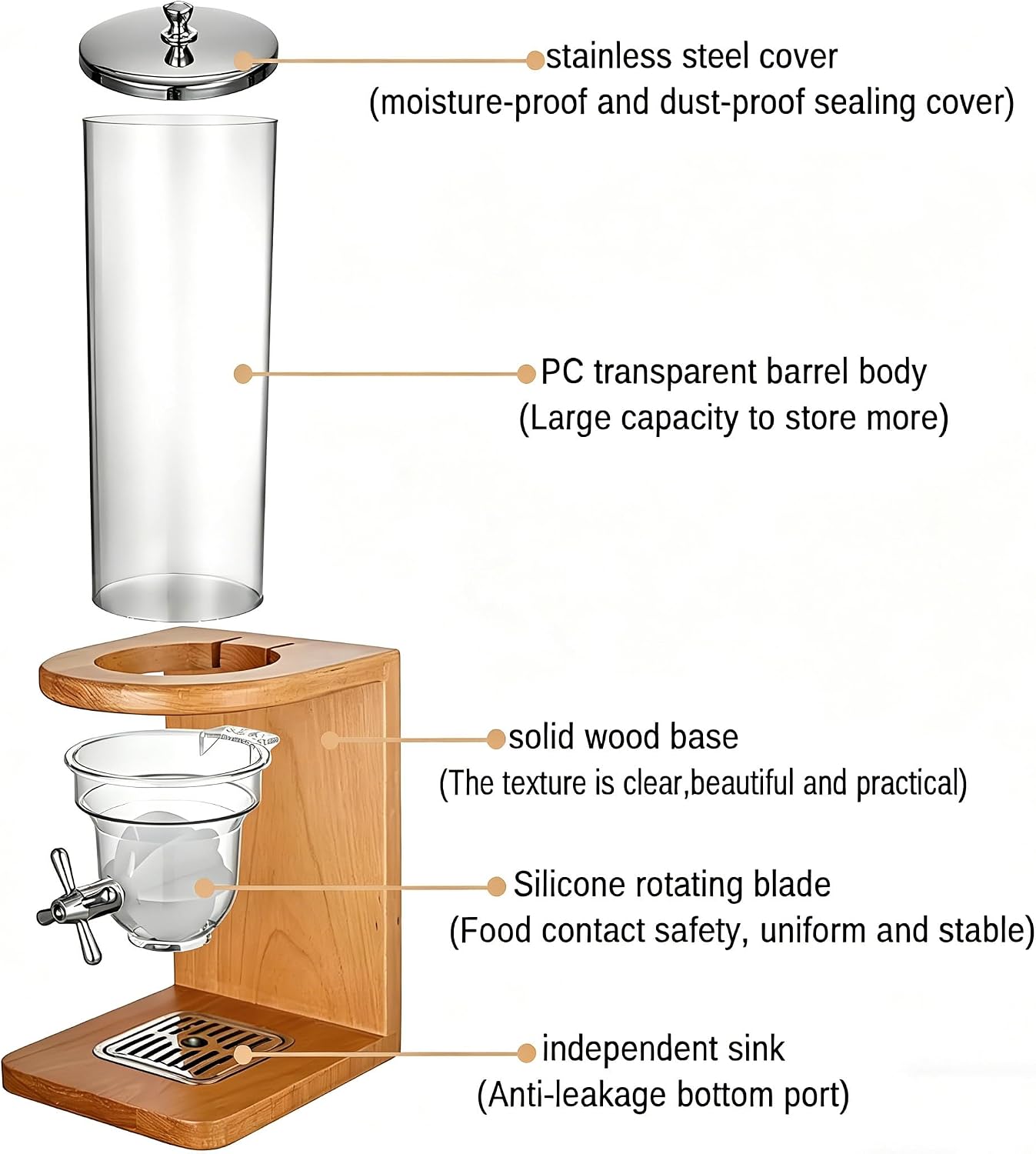 Cereal Dispenser with Wooden Base, 1/2/3 Barrels Airtight Dry Food Container, 4L Each Countertop Organizer with PC Bucket and Wooden Base 4L