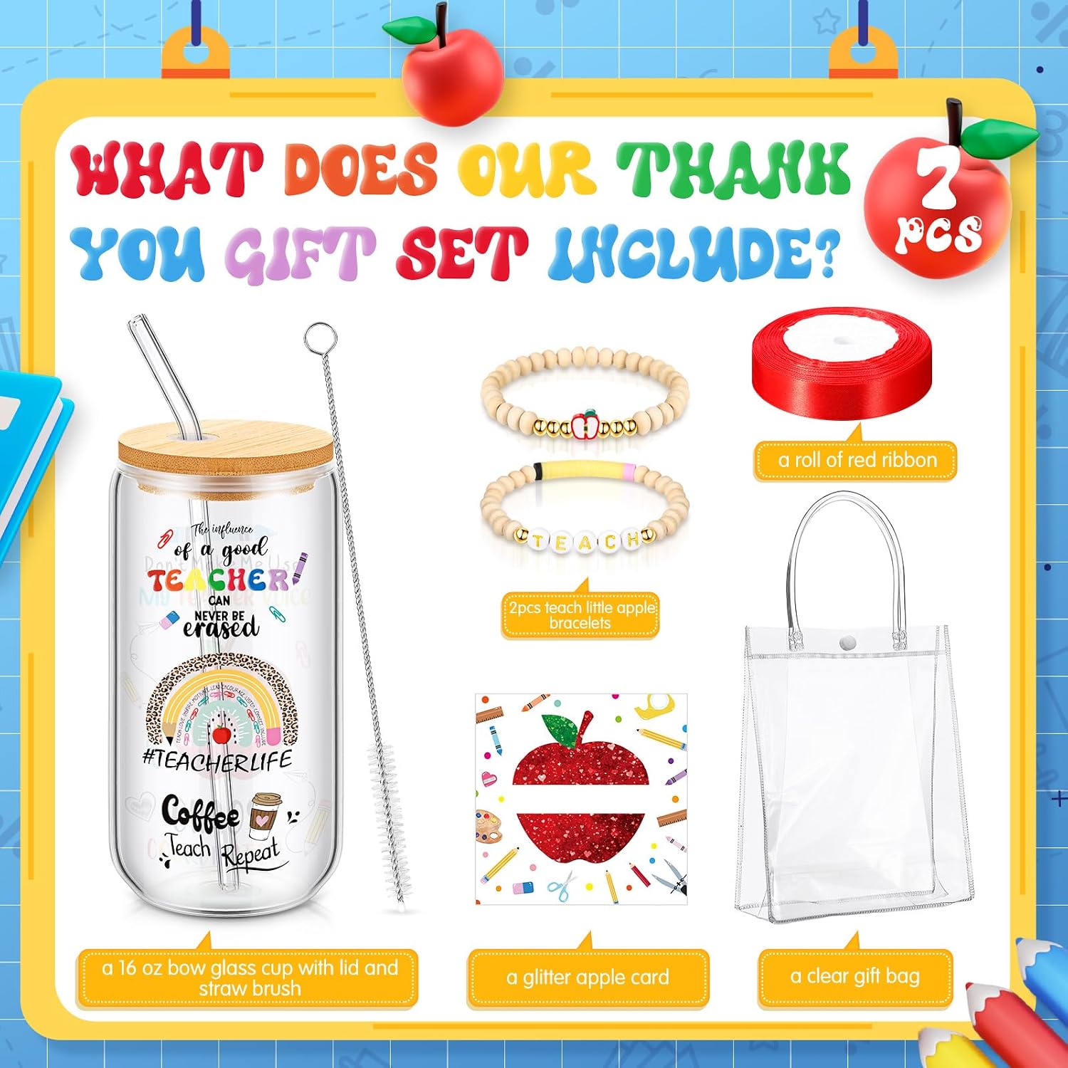 Reallnaive 7 Pcs End of Year Teacher Appreciation Gift Set for Women, Including Thank You Glass Cup Crochet Flower Beaded Bracelet Card PVC Bag and Ribbon, Preschool Daycare Teacher Present(Cute)