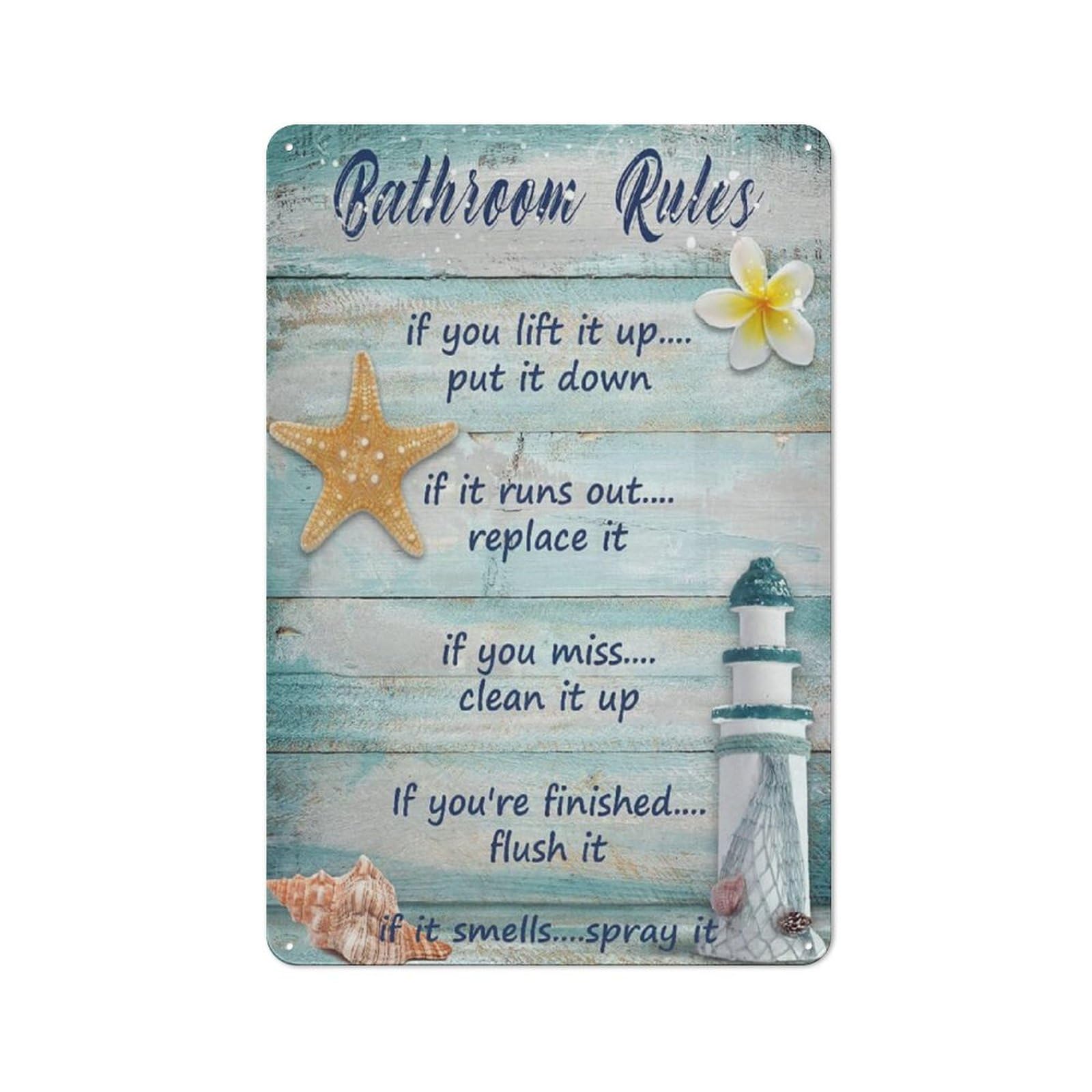 Sitrmgh Sign Metal Tin Beach Bathroom Decor Seashells Lighthouse Decor Funny Bathroom Wall Decor Ocean Bathroom Rules Wall Decor Farmhouse Wall Art For Bathroom 8X12inch
