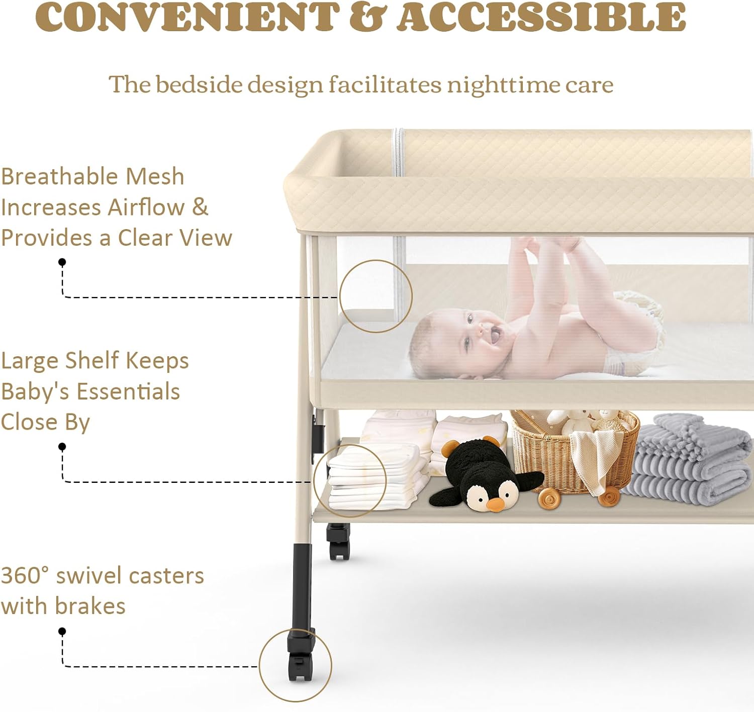 Baby Bassinet, 3-in-1 Baby Bassinets Bedside Sleeper for Newborn with Breathable Mesh, Portable Baby Crib with 4- Adjustable Height, Mattress, Storage Basket & Lockable Wheels, CPSC Beige