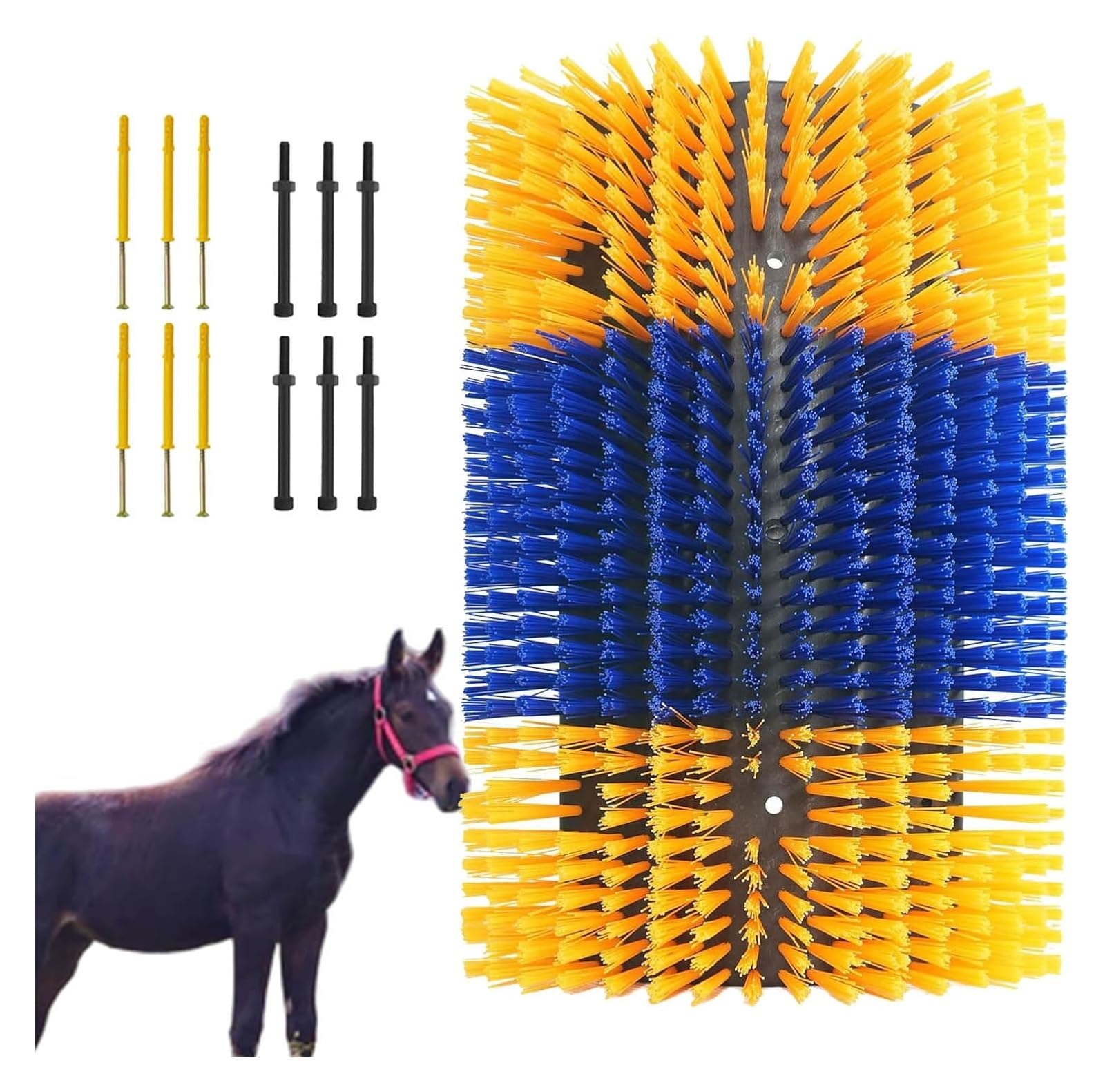 Szczotka do drapania zwierząt Podkładka pod drapak dla koni, szczotki dla koni, szczotka dla koni z 6 śrubami, drapak dla kóz, szczotka dla bydła(Yellow+Blue)