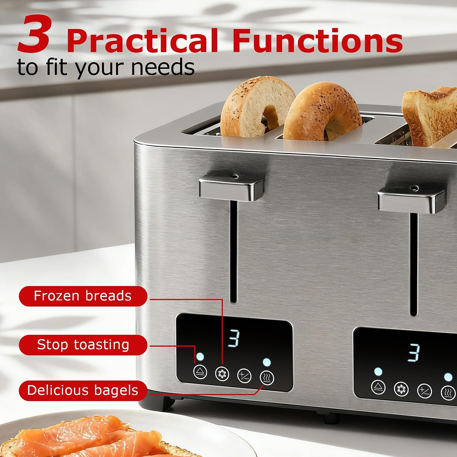Toaster 4 Slice, Techwood Stainless Steel 4-Slice Toaster Wide Solt with LED Display & 6 Shade Settings, Perfect for Bagels, Waffles and More, Cancel/Defrost Functions & Removable Crumb Trays, 1500W