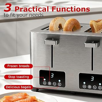 Toaster 4 Slice, Techwood Stainless Steel 4-Slice Toaster Wide Solt with LED Display & 6 Shade Settings, Perfect for Bagels, Waffles and More, Cancel/Defrost Functions & Removable Crumb Trays, 1500W